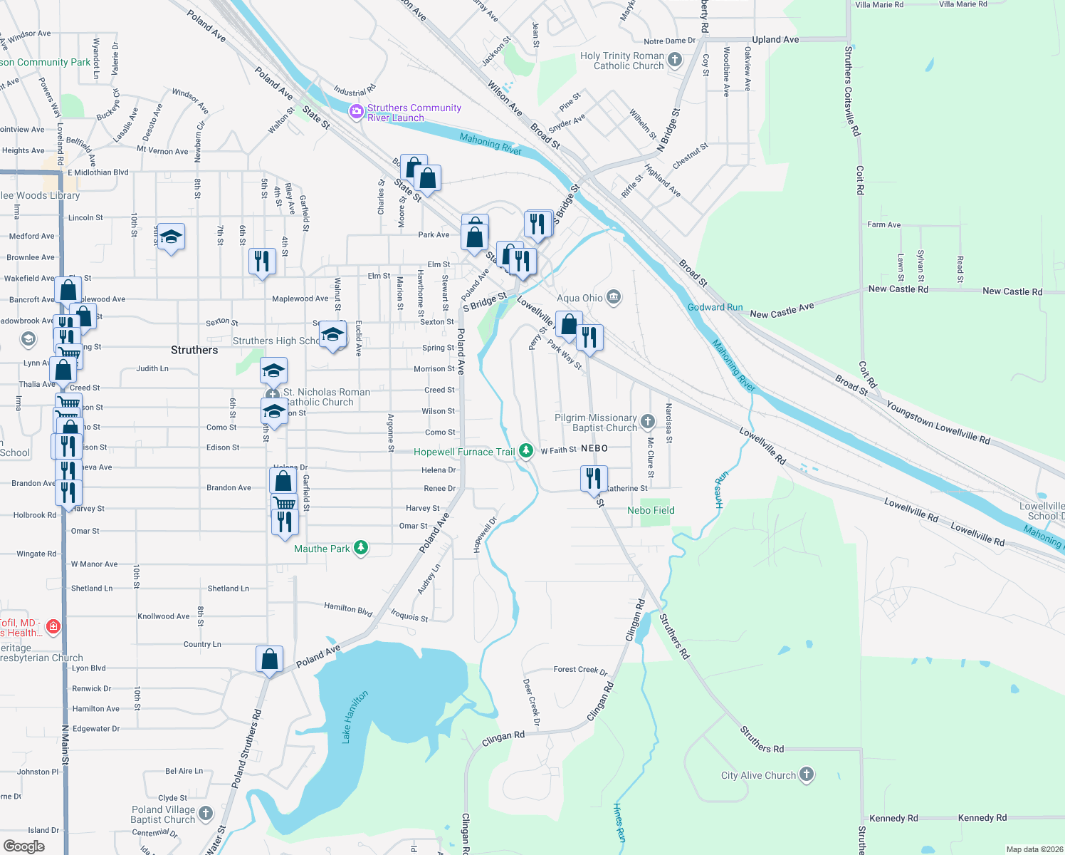 map of restaurants, bars, coffee shops, grocery stores, and more near 185 Perry Street in Struthers