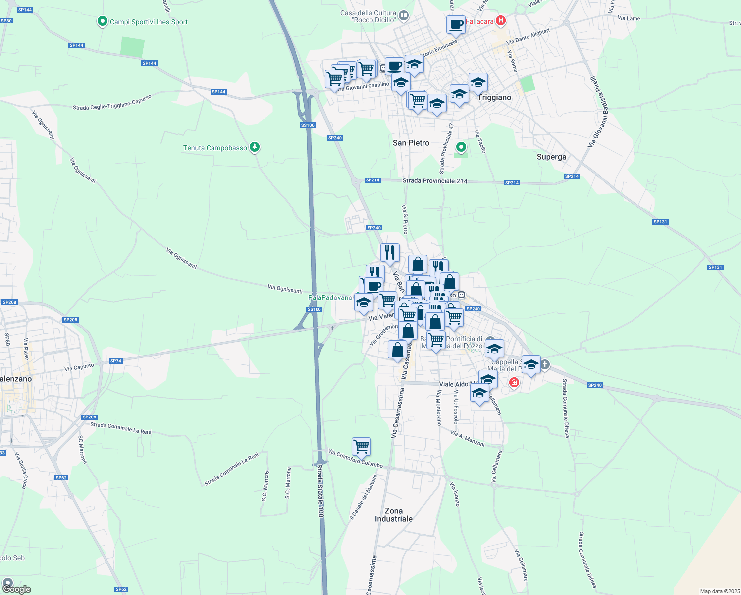 map of restaurants, bars, coffee shops, grocery stores, and more near 11 Via Ognissanti in Capurso