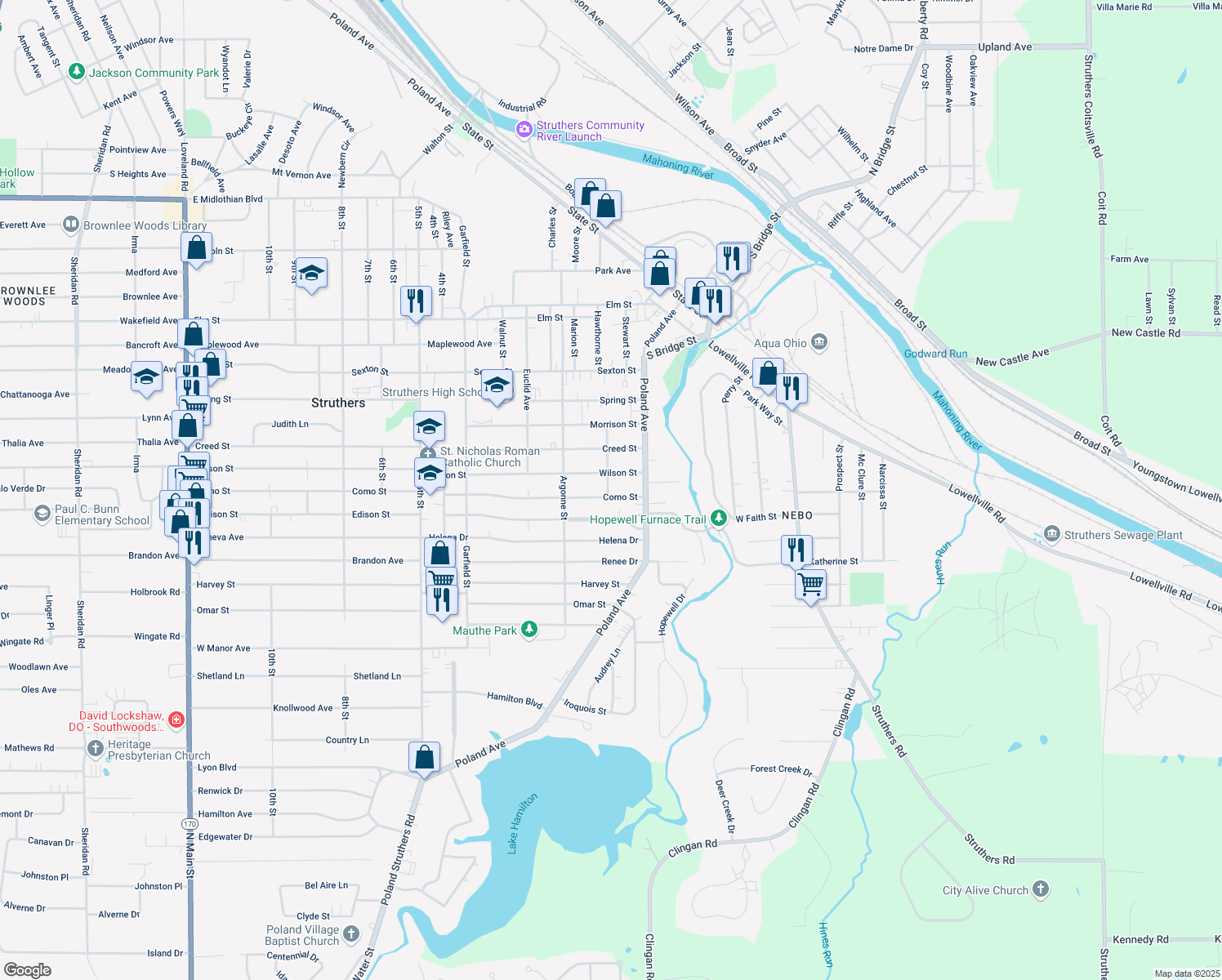 map of restaurants, bars, coffee shops, grocery stores, and more near 49 Como Street in Struthers