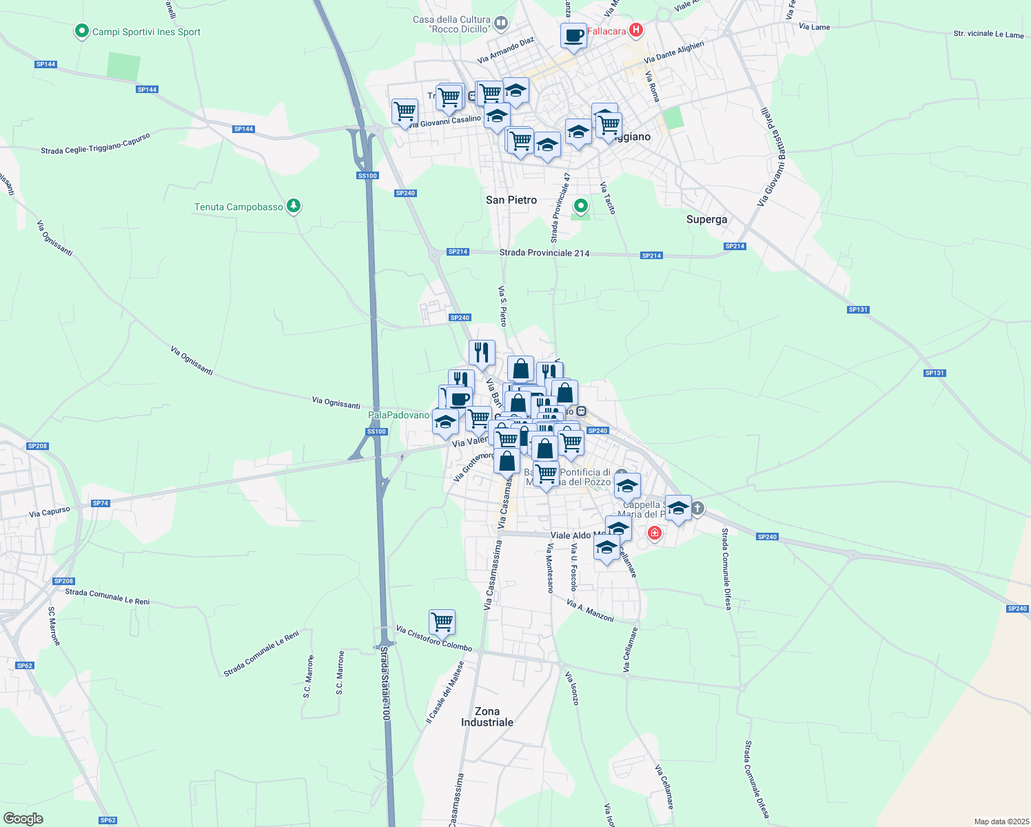 map of restaurants, bars, coffee shops, grocery stores, and more near 13 Via Ara Coeli in Capurso