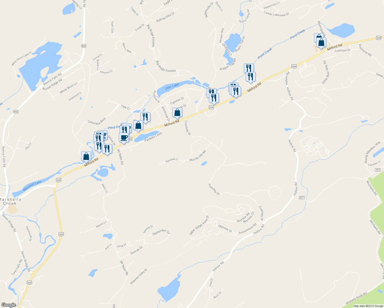 map of restaurants, bars, coffee shops, grocery stores, and more near 114 Murray Hill Road in East Stroudsburg