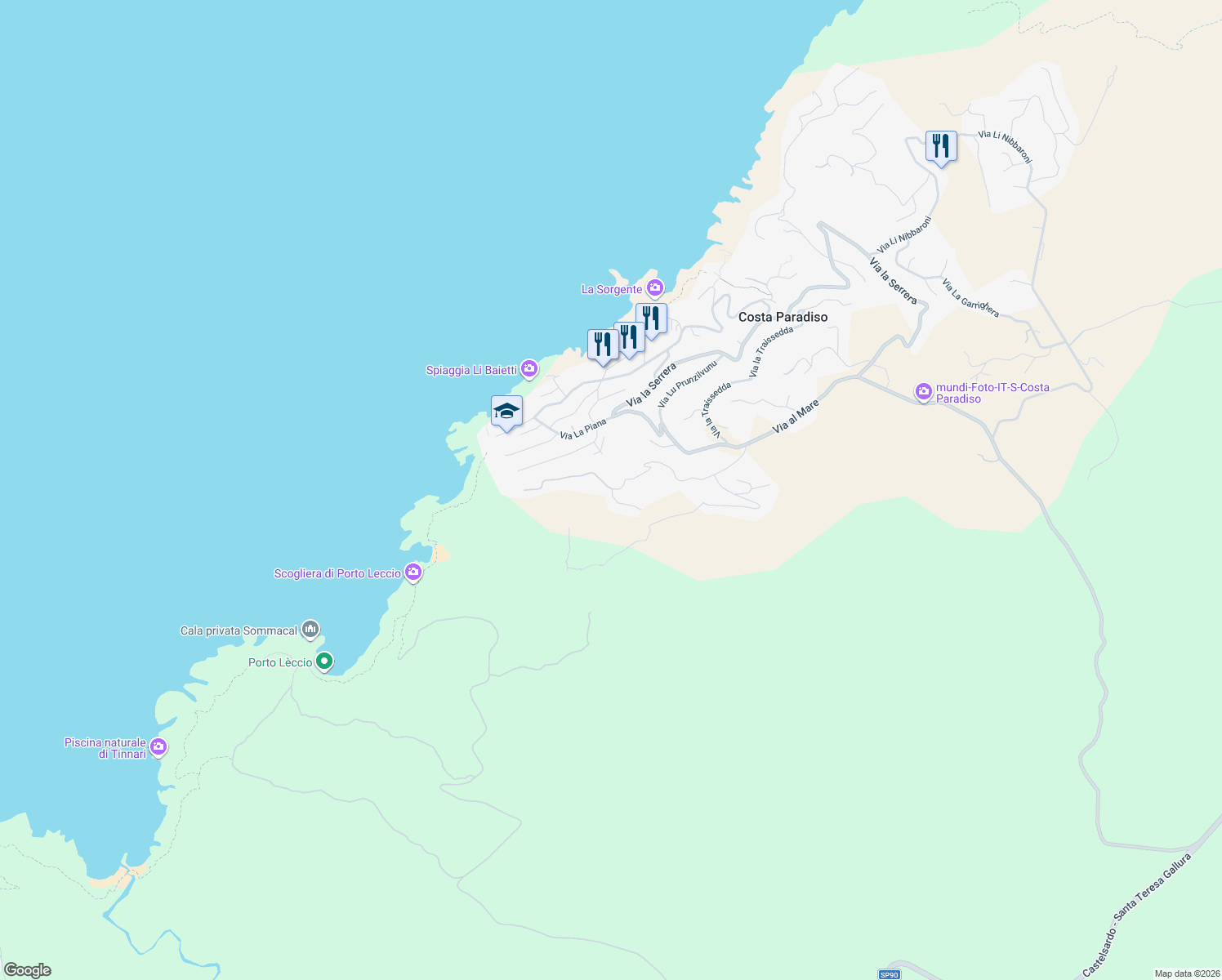 map of restaurants, bars, coffee shops, grocery stores, and more near 1 Strada La Falata in Costa Paradiso
