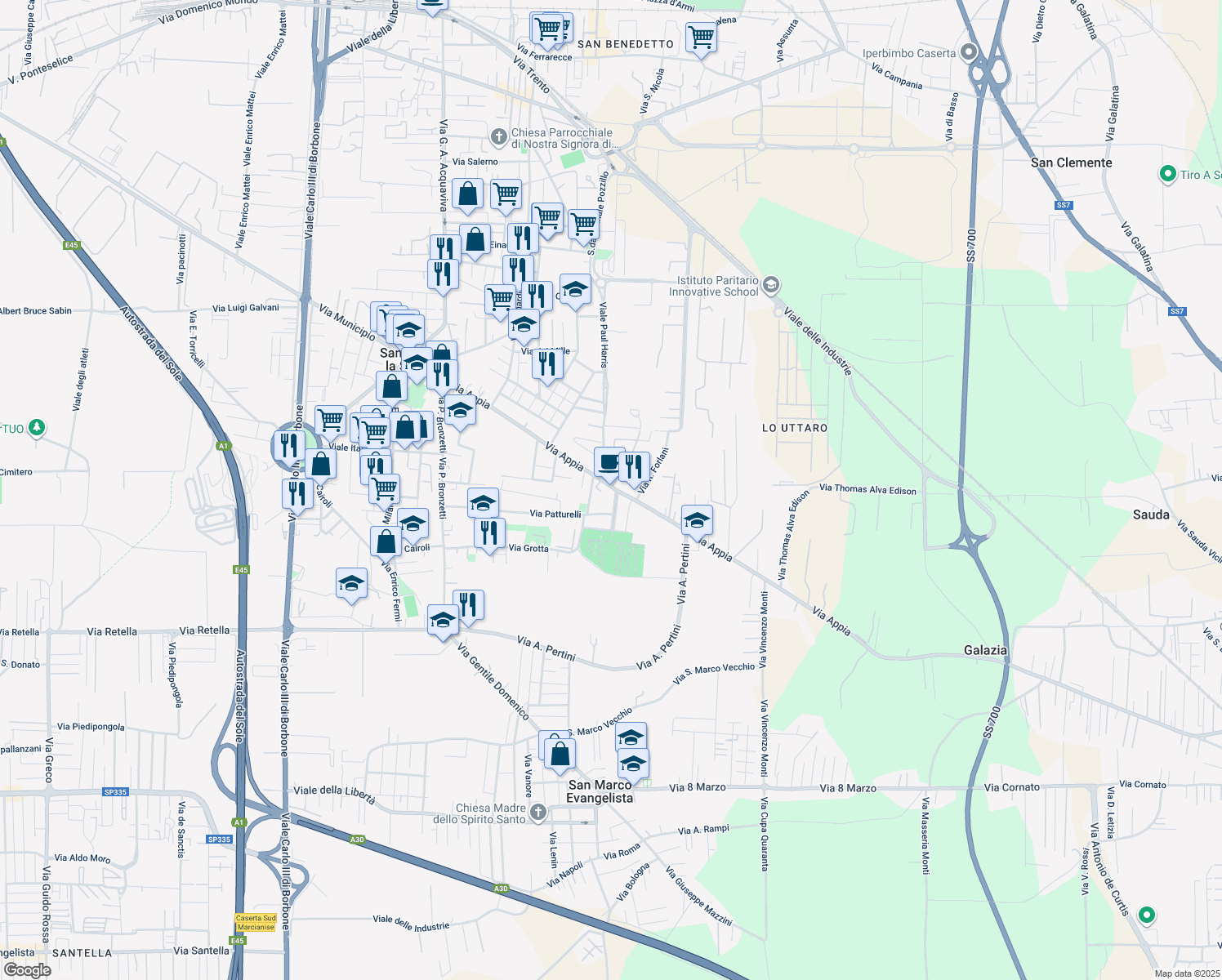 map of restaurants, bars, coffee shops, grocery stores, and more near 220 Via Appia in Caserta