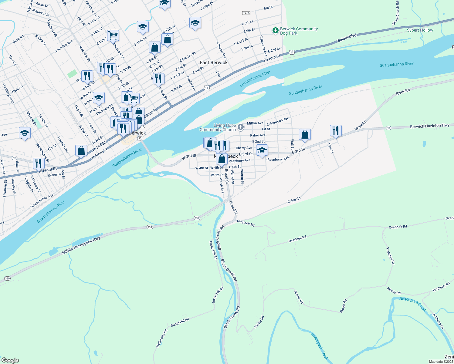 map of restaurants, bars, coffee shops, grocery stores, and more near Broad Street in Nescopeck