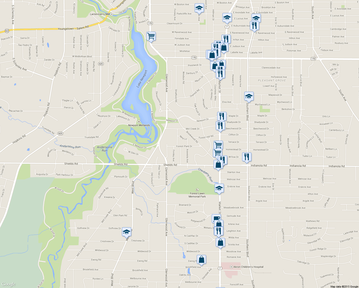 map of restaurants, bars, coffee shops, grocery stores, and more near 240 Forest-Park Dr in Youngstown