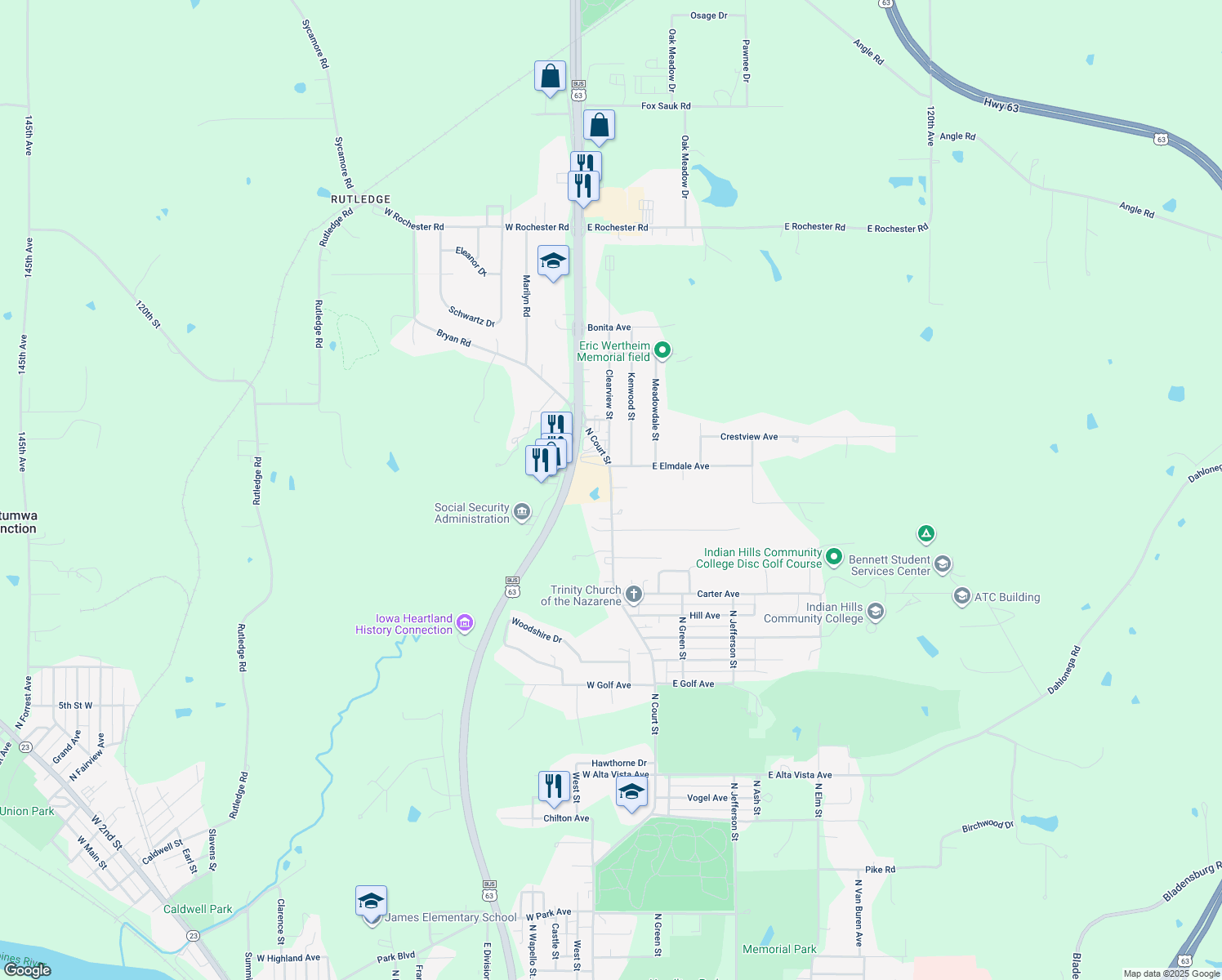 map of restaurants, bars, coffee shops, grocery stores, and more near 216 North Court Street in Ottumwa