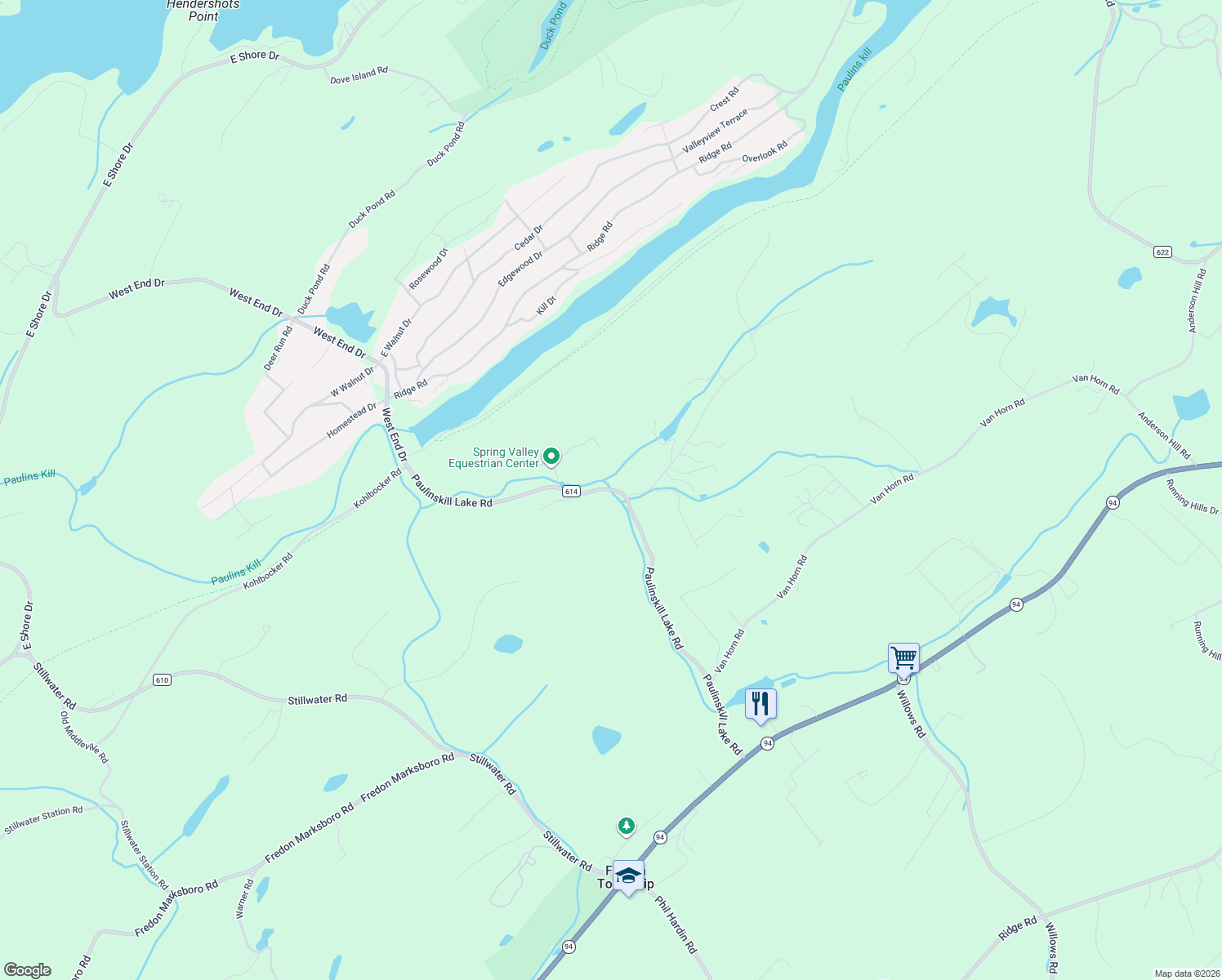 map of restaurants, bars, coffee shops, grocery stores, and more near 74 Paulinskill Lake Road in Fredon Township