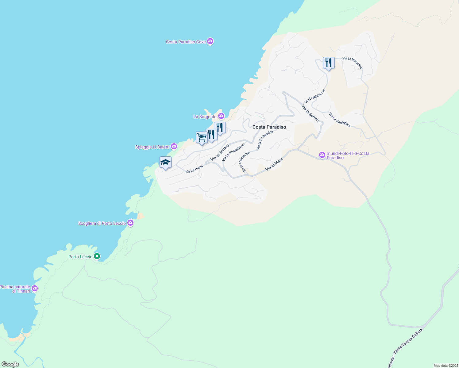 map of restaurants, bars, coffee shops, grocery stores, and more near 19 Via al Mare in Costa Paradiso
