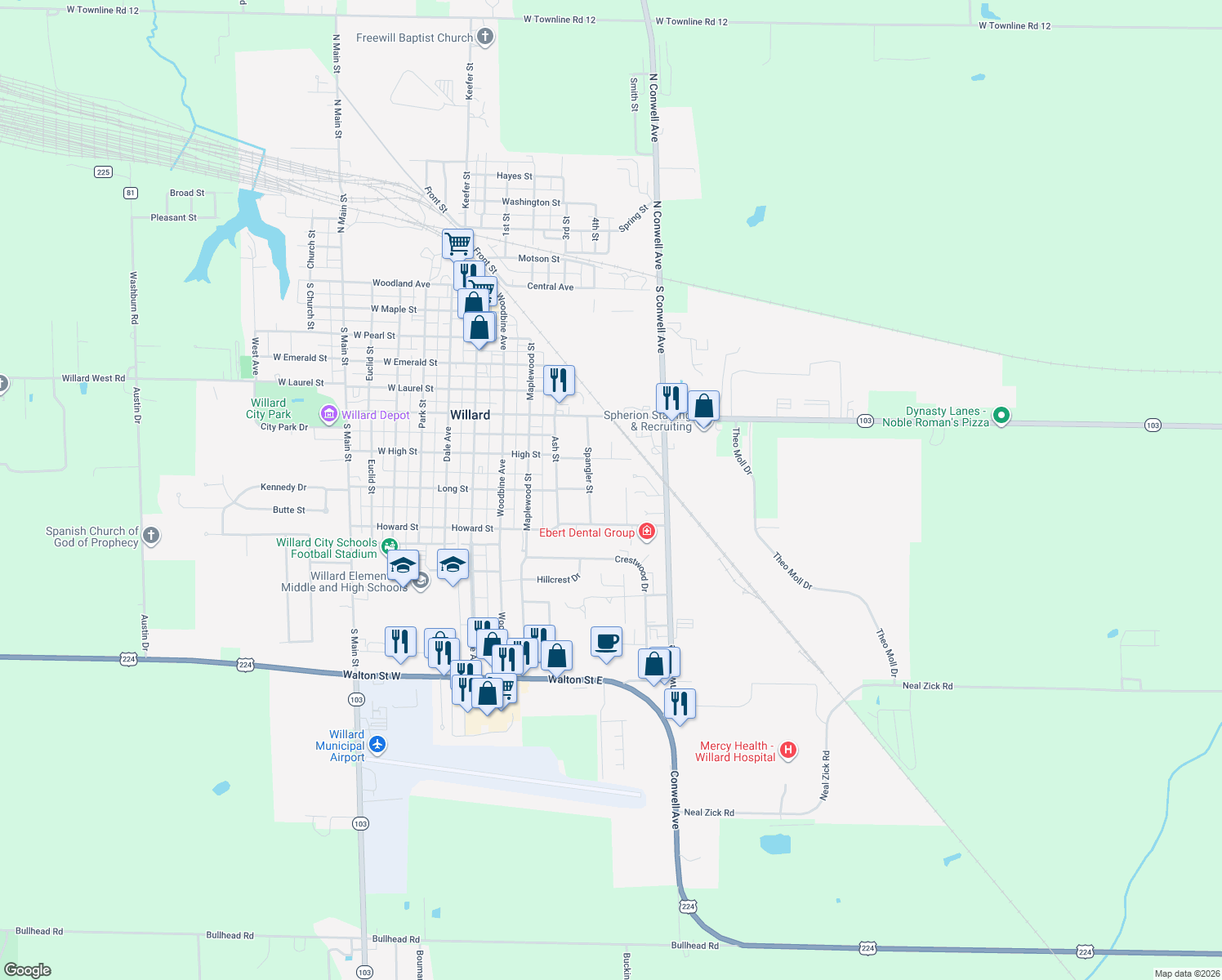 map of restaurants, bars, coffee shops, grocery stores, and more near 647 Spangler St in Willard