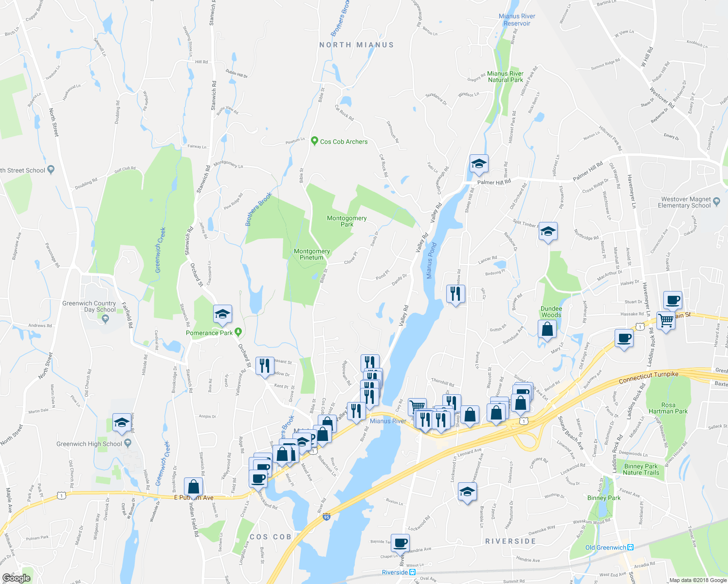 map of restaurants, bars, coffee shops, grocery stores, and more near 31 Dandy Drive in Greenwich