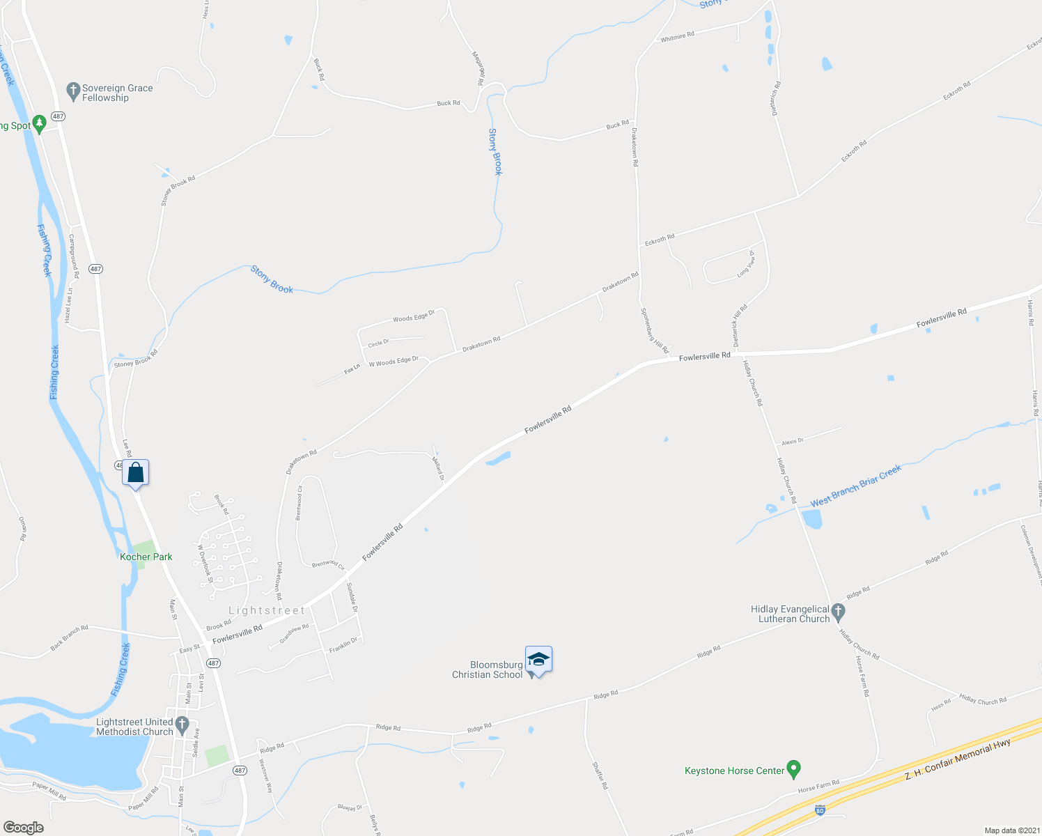 map of restaurants, bars, coffee shops, grocery stores, and more near 271 Fowlersville Road in Bloomsburg