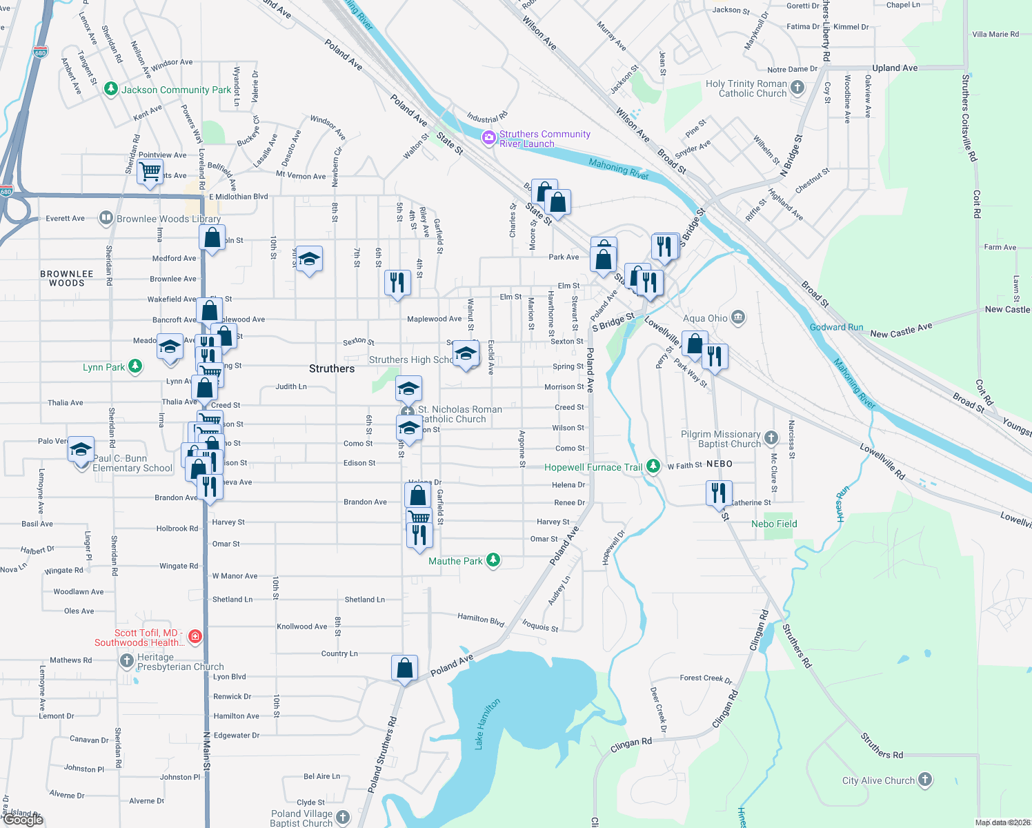 map of restaurants, bars, coffee shops, grocery stores, and more near 126 Creed Street in Struthers
