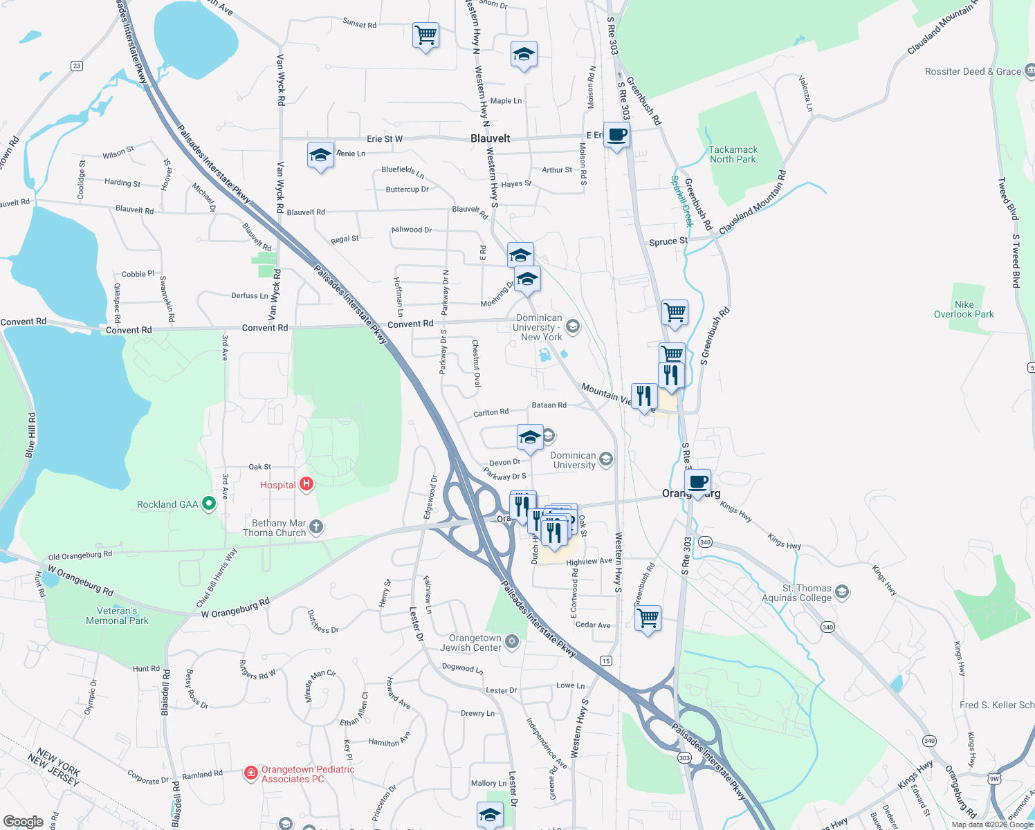 map of restaurants, bars, coffee shops, grocery stores, and more near 7 Carlton Road in Orangeburg