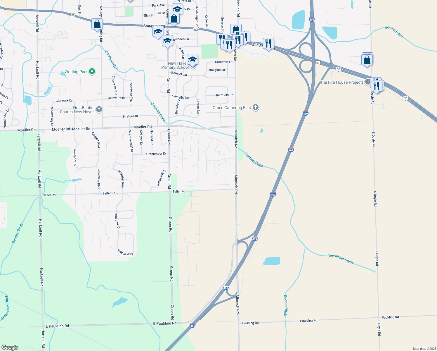 map of restaurants, bars, coffee shops, grocery stores, and more near 4037 Olivene Cove in New Haven