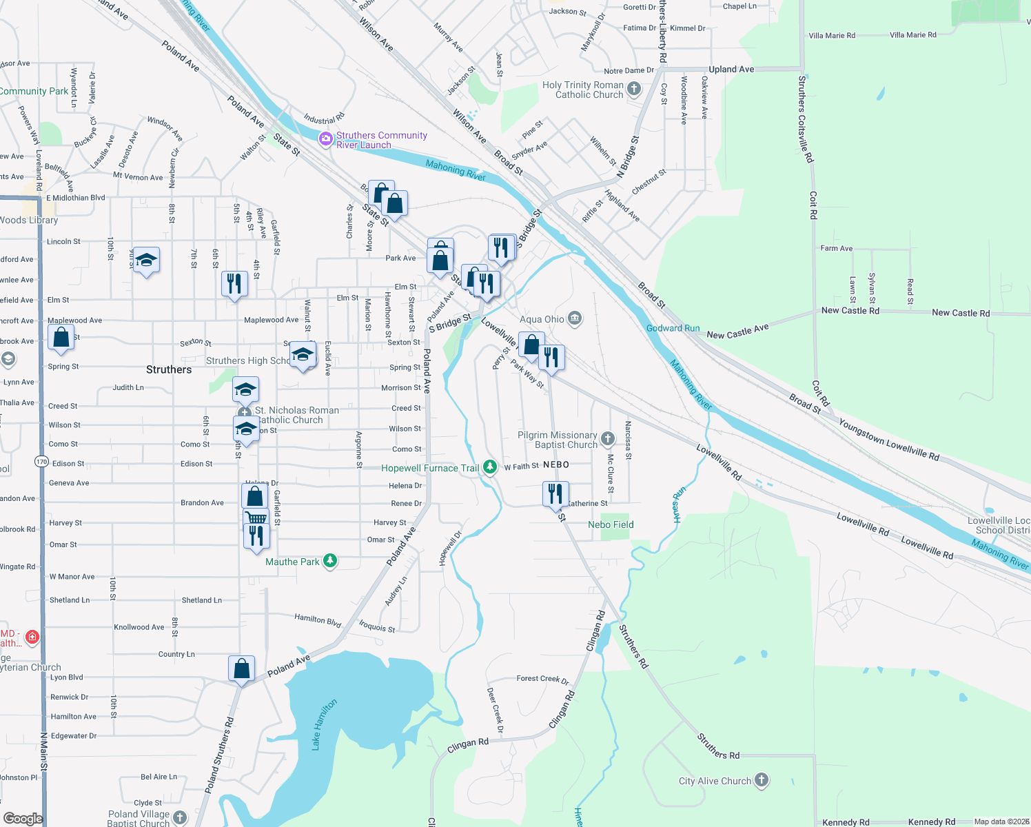 map of restaurants, bars, coffee shops, grocery stores, and more near 101 Ridgeway St in Struthers