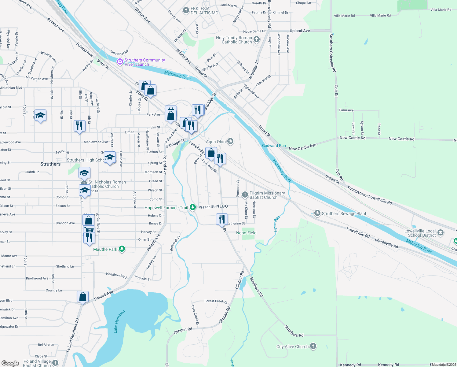 map of restaurants, bars, coffee shops, grocery stores, and more near 37 Grace St in Struthers