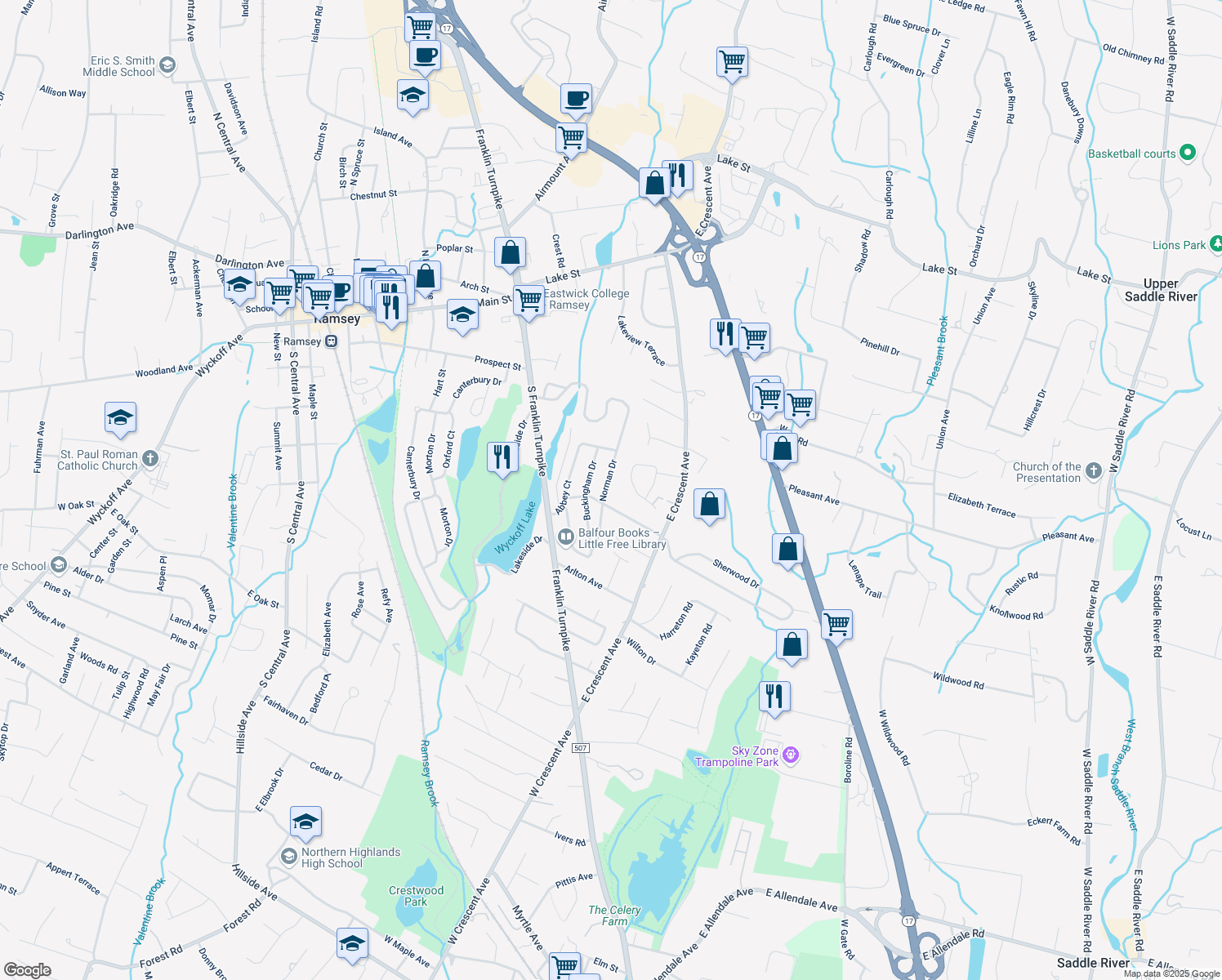 map of restaurants, bars, coffee shops, grocery stores, and more near 283 Norman Drive in Ramsey