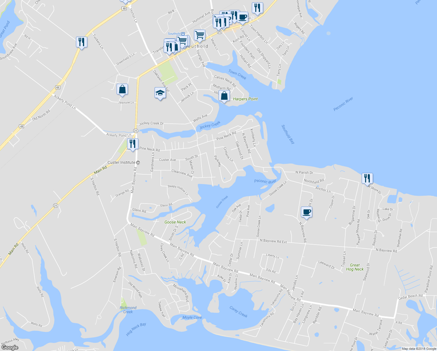 map of restaurants, bars, coffee shops, grocery stores, and more near 1600 Parkway in Southold