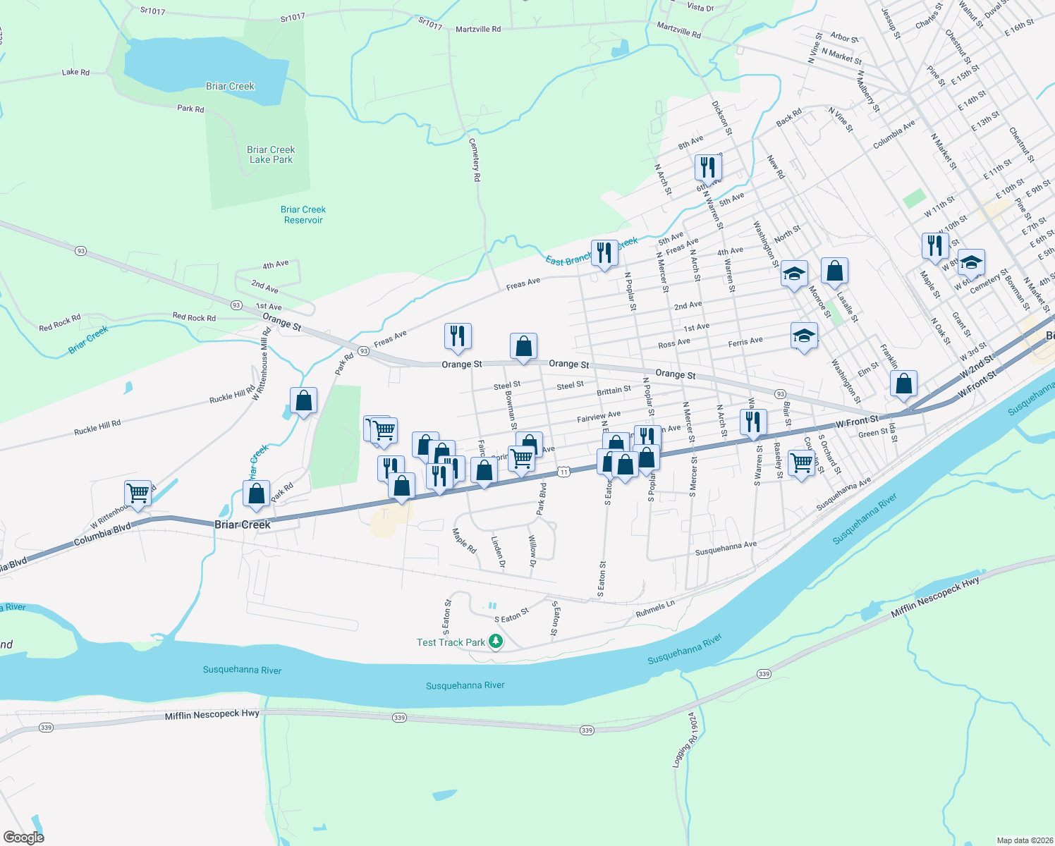 map of restaurants, bars, coffee shops, grocery stores, and more near 1729 Fairview Ave in Berwick