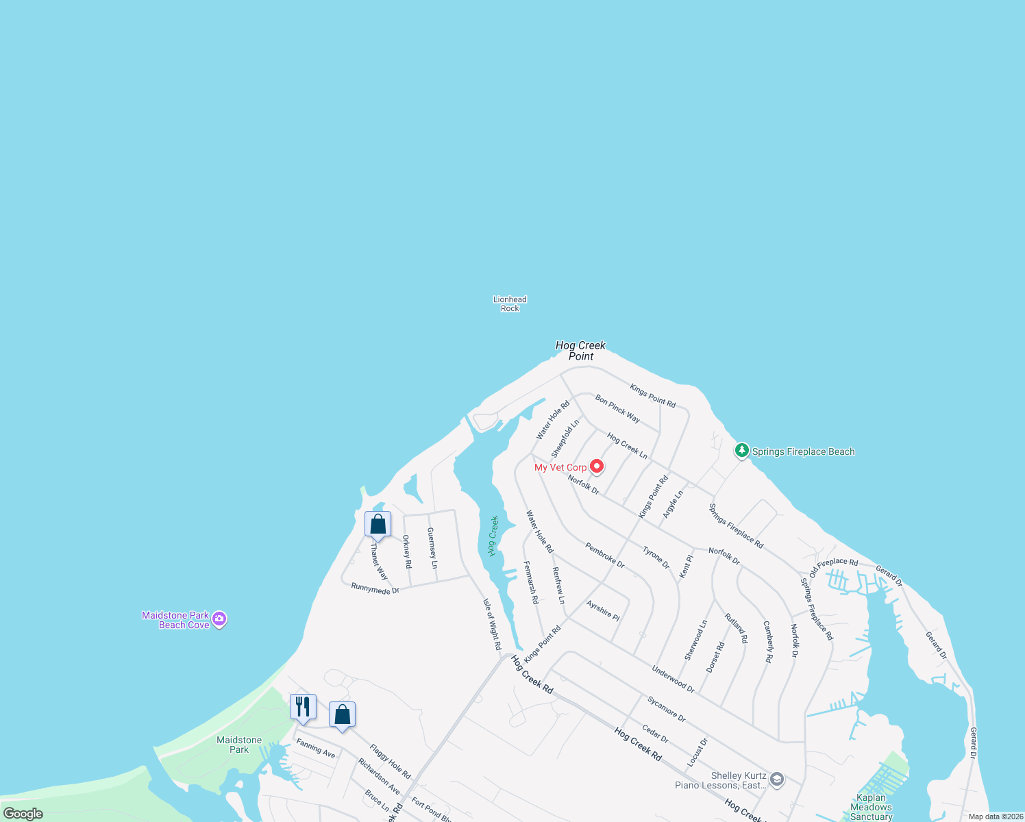 map of restaurants, bars, coffee shops, grocery stores, and more near 350 Kings Point Road in East Hampton