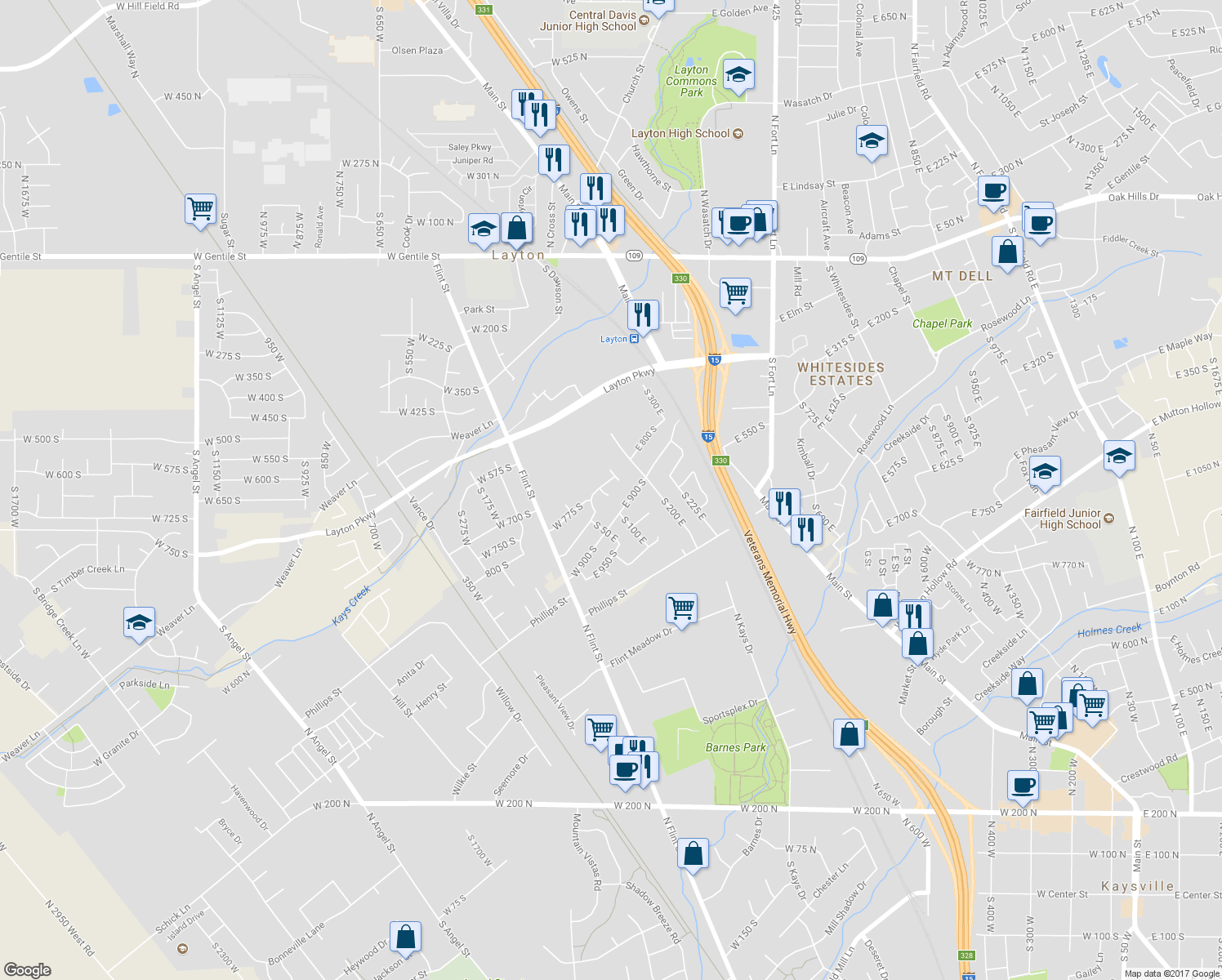 map of restaurants, bars, coffee shops, grocery stores, and more near 799 South 125 East in Layton
