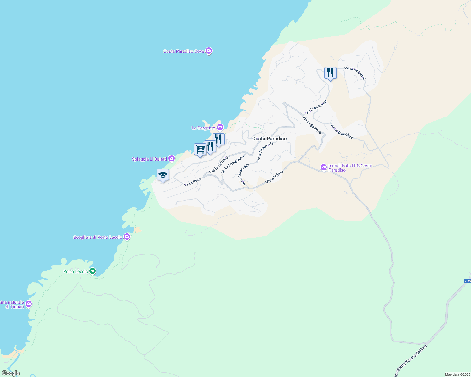 map of restaurants, bars, coffee shops, grocery stores, and more near 19 Via al Mare in Costa Paradiso