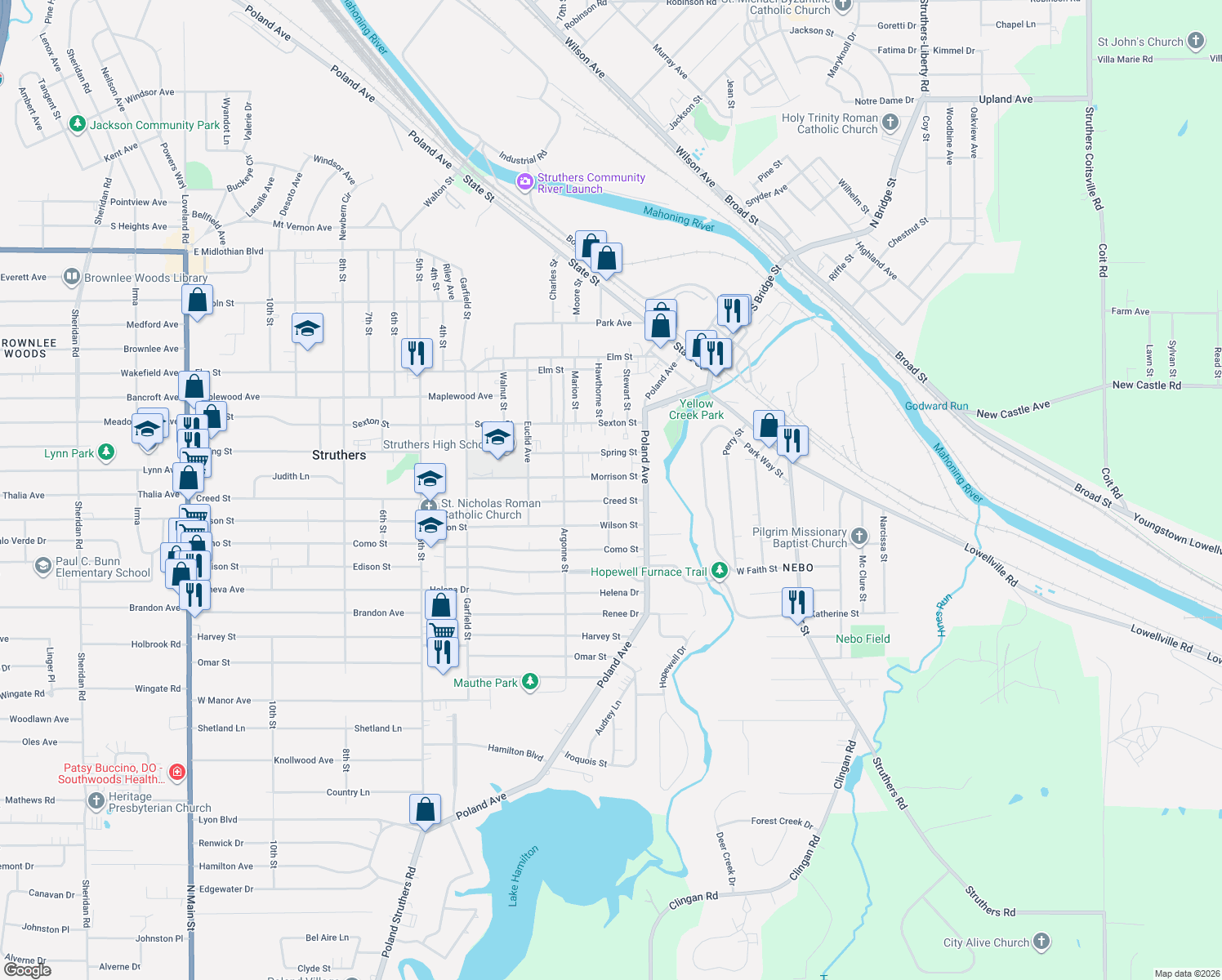 map of restaurants, bars, coffee shops, grocery stores, and more near 2 Ohio Street in Struthers