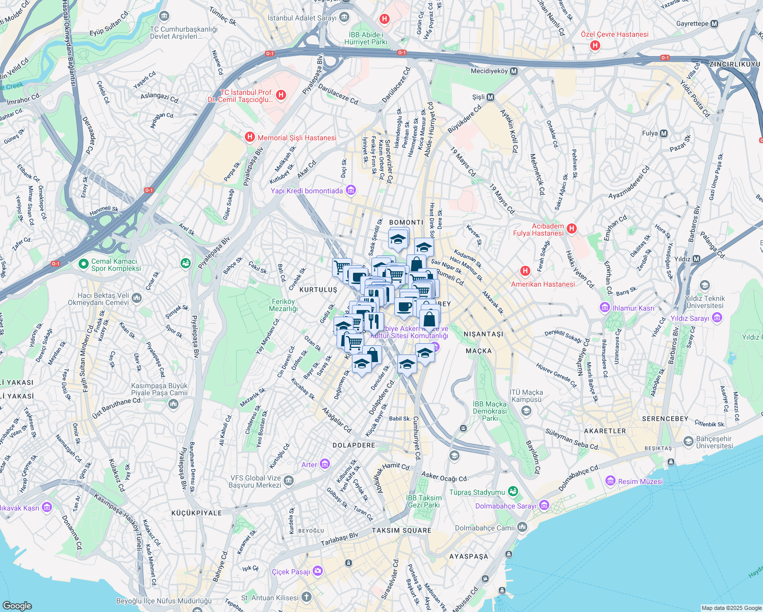 map of restaurants, bars, coffee shops, grocery stores, and more near 39 Kurtuluş Caddesi in Şişli