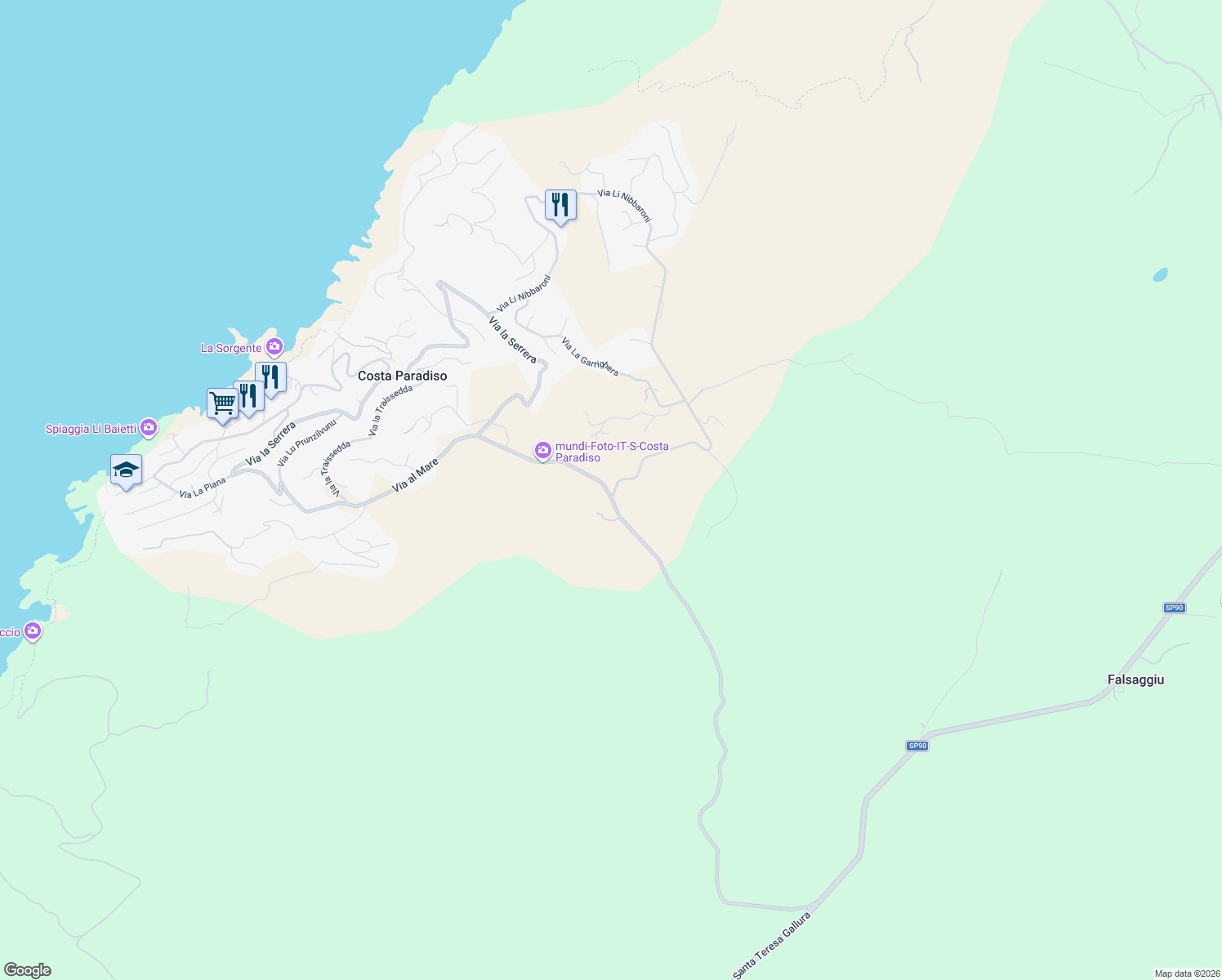 map of restaurants, bars, coffee shops, grocery stores, and more near 2 Via Li Nibbaroni in Provincia della Gallura Nord-Est Sardegna