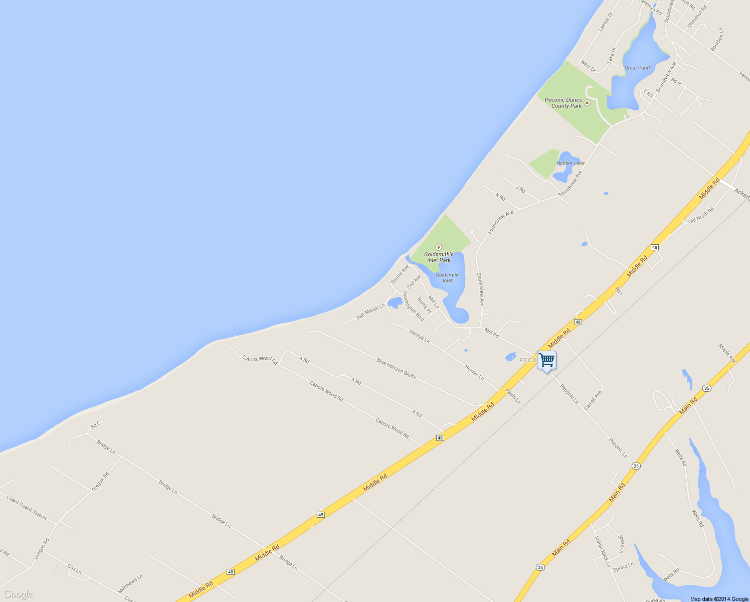 map of restaurants, bars, coffee shops, grocery stores, and more near 430 Salt Marsh Lane in Peconic