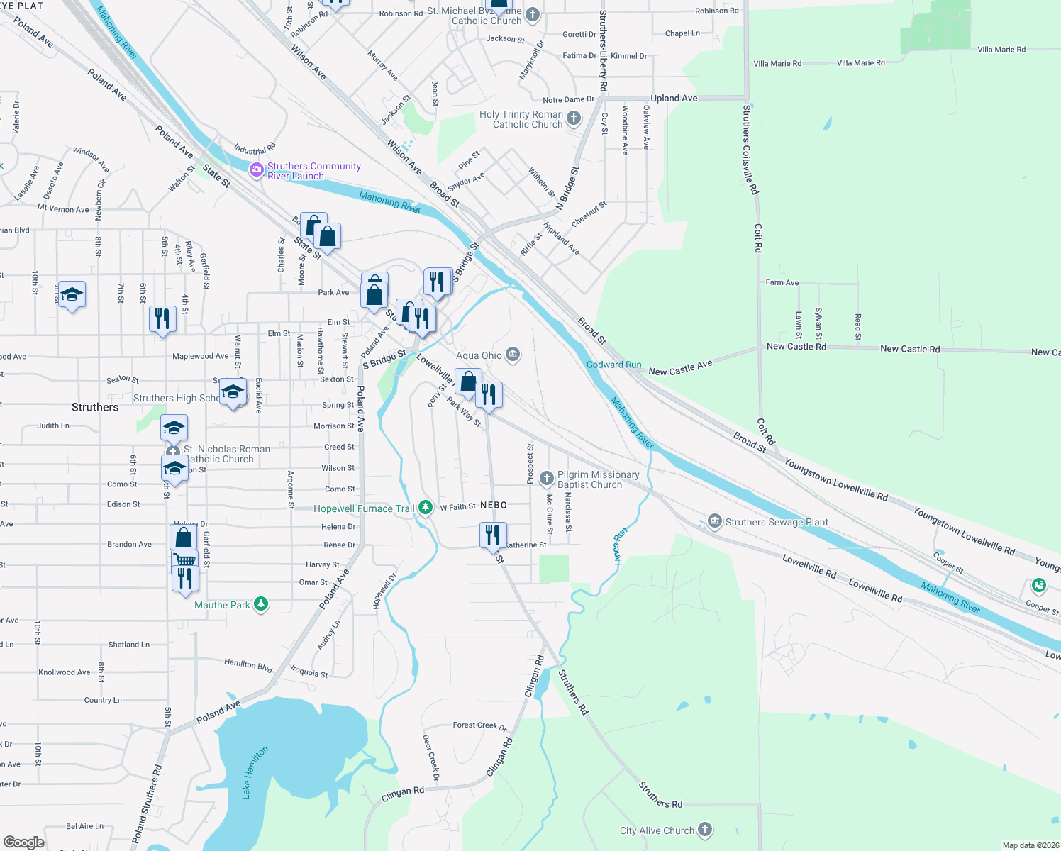 map of restaurants, bars, coffee shops, grocery stores, and more near 234 Lowellville Road in Struthers