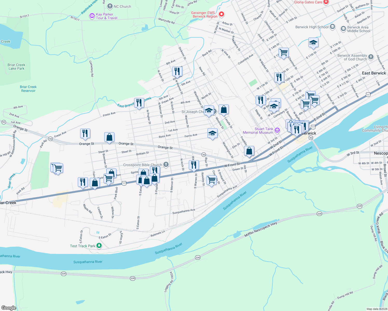 map of restaurants, bars, coffee shops, grocery stores, and more near 300 North Warren Street in Berwick