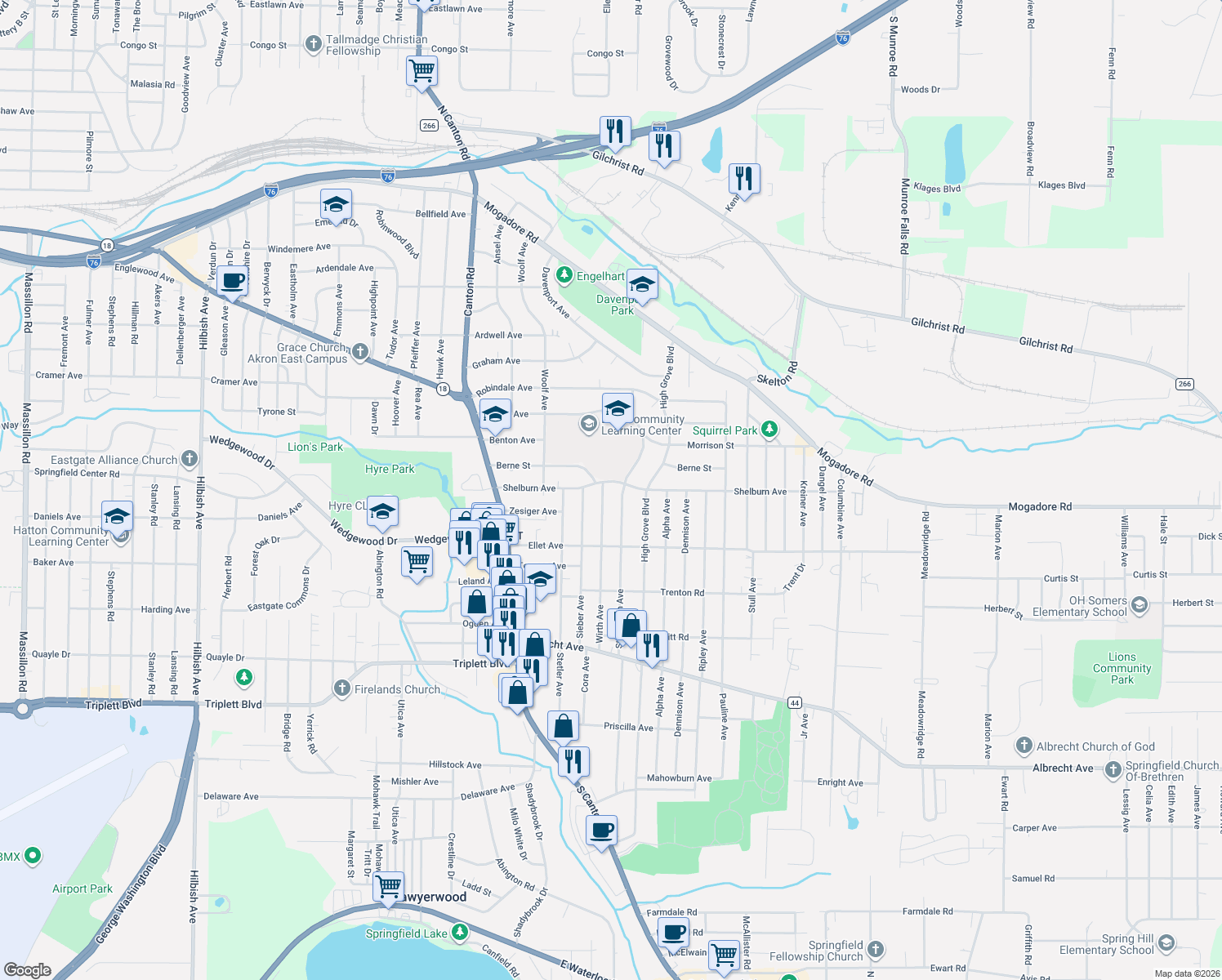 map of restaurants, bars, coffee shops, grocery stores, and more near 2722 Shelburn Avenue in Akron