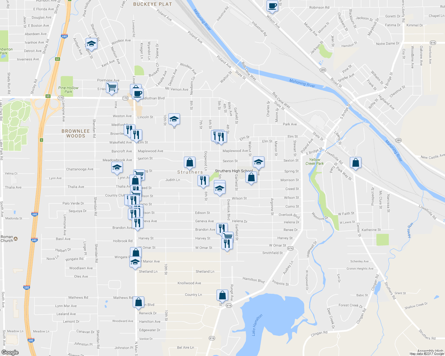 map of restaurants, bars, coffee shops, grocery stores, and more near 718 5th Street in Struthers