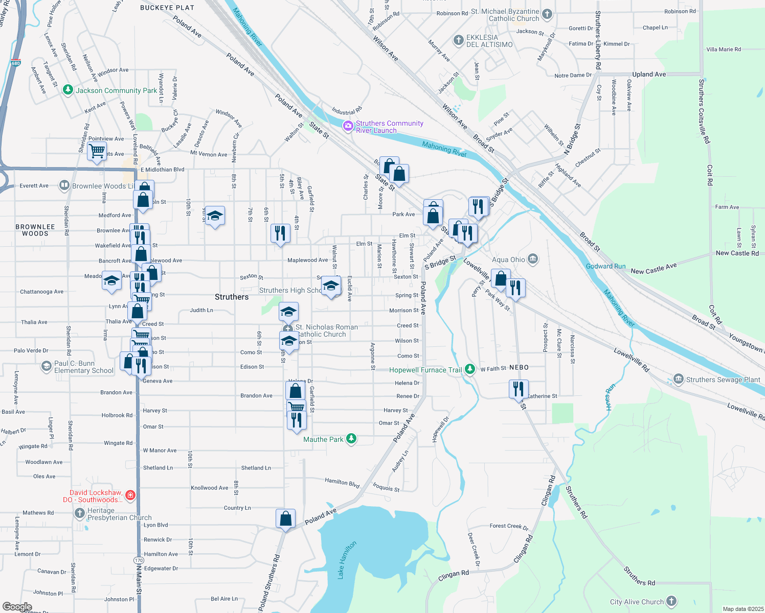 map of restaurants, bars, coffee shops, grocery stores, and more near 93 Morrison Street in Struthers