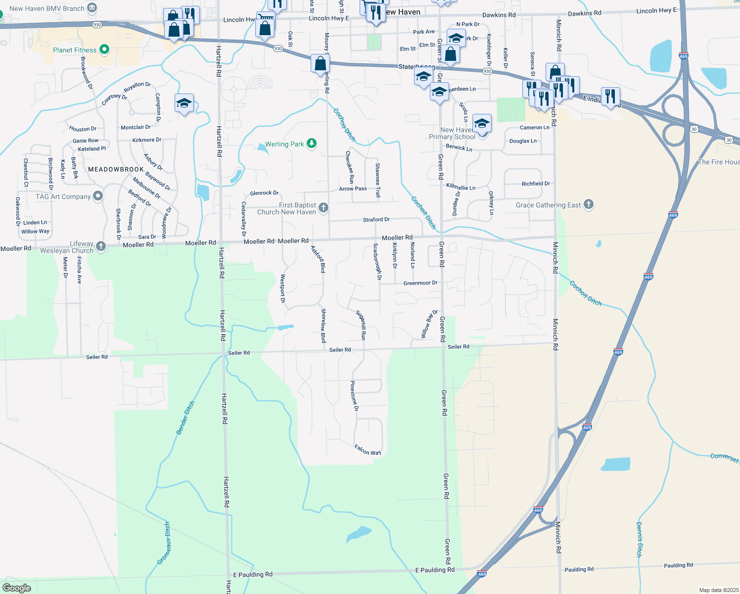 map of restaurants, bars, coffee shops, grocery stores, and more near 9519 Stockbridge Way in New Haven
