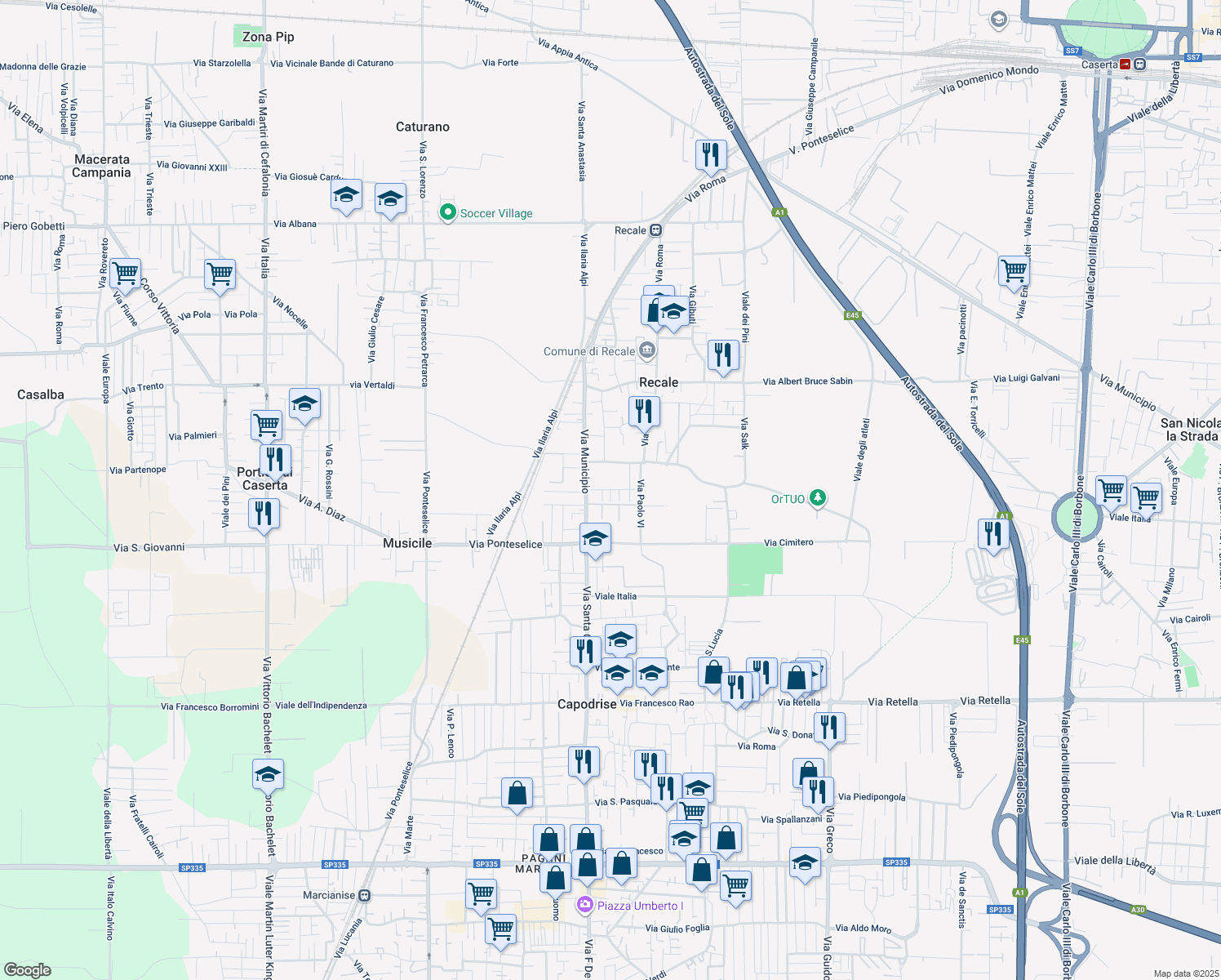map of restaurants, bars, coffee shops, grocery stores, and more near 26 Via Giovanni Verga in Recale
