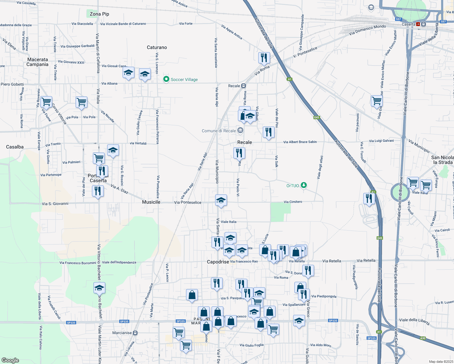 map of restaurants, bars, coffee shops, grocery stores, and more near 26 Via Giovanni Verga in Recale