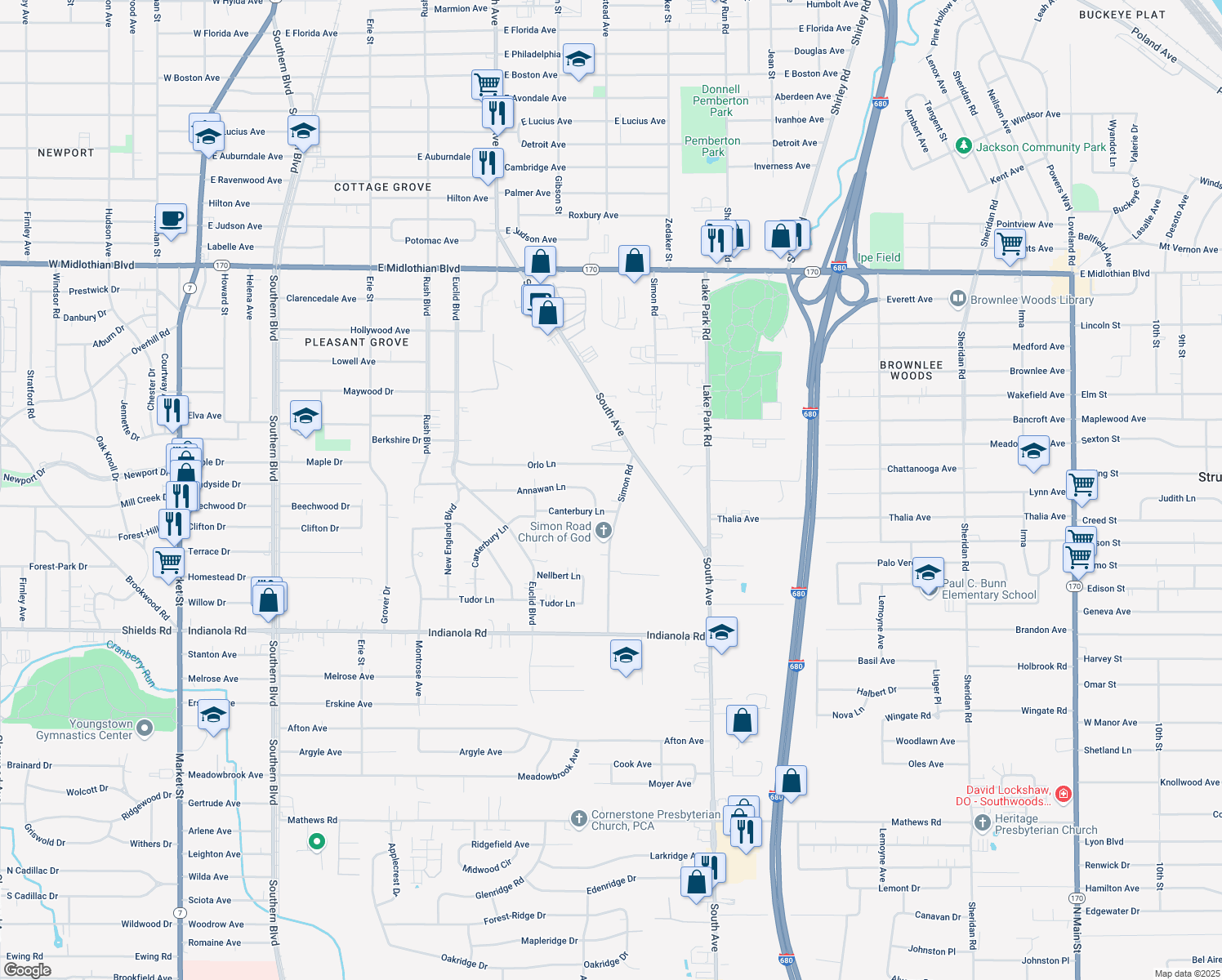 map of restaurants, bars, coffee shops, grocery stores, and more near 4618 Simon Road in Youngstown