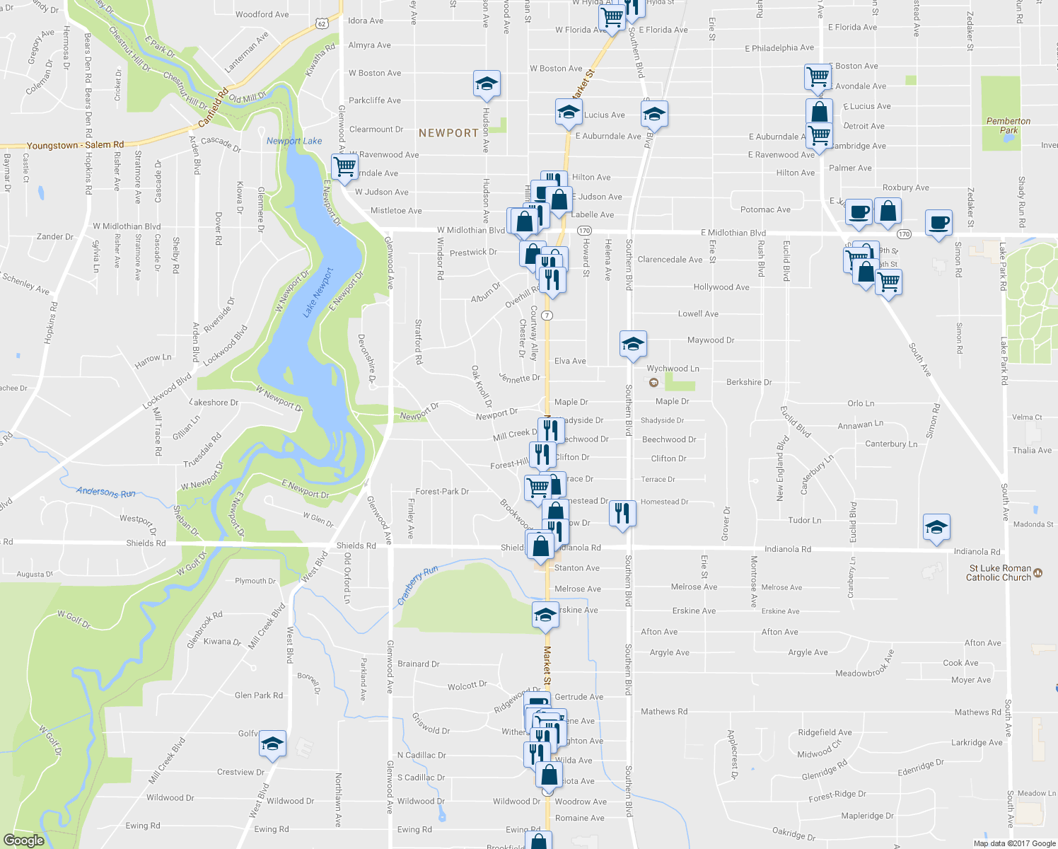 map of restaurants, bars, coffee shops, grocery stores, and more near 26 Mill Creek Drive in Youngstown