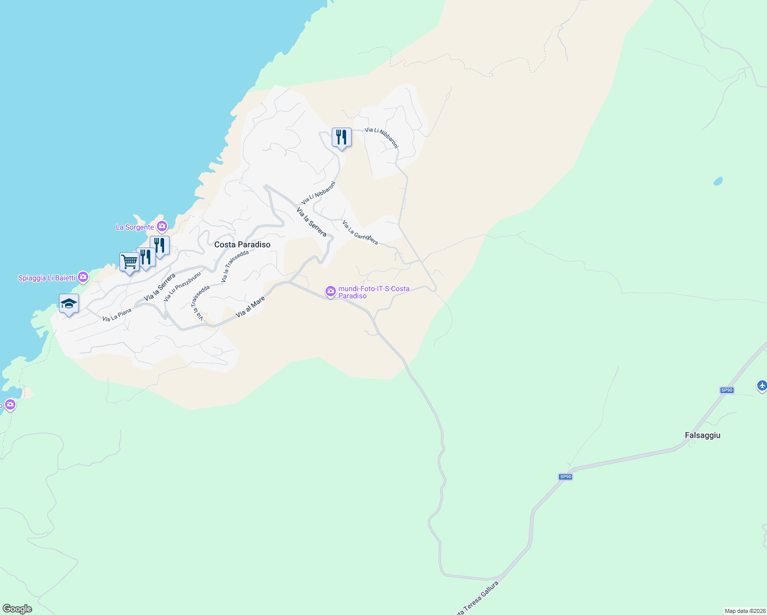 map of restaurants, bars, coffee shops, grocery stores, and more near 2 Via Li Nibbaroni in Provincia della Gallura Nord-Est Sardegna