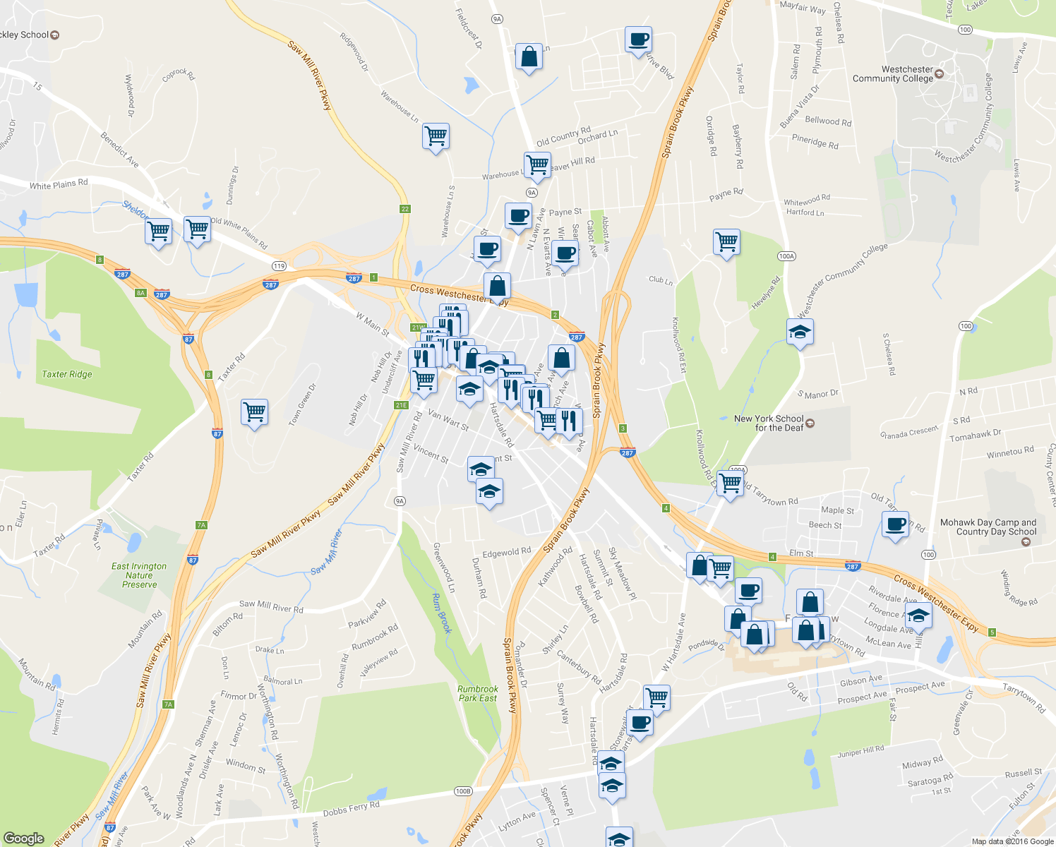 map of restaurants, bars, coffee shops, grocery stores, and more near 5 South Perkins Avenue in Elmsford