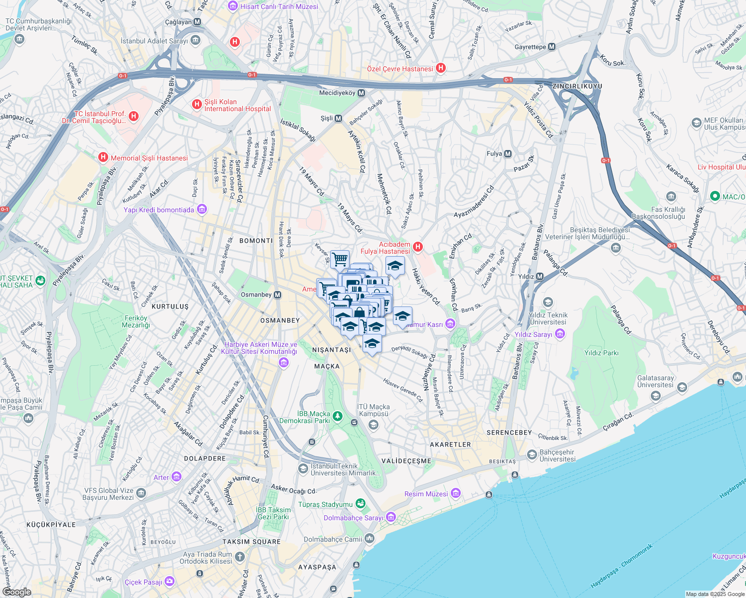 map of restaurants, bars, coffee shops, grocery stores, and more near 20 Güzelbahçe Sokak in Şişli
