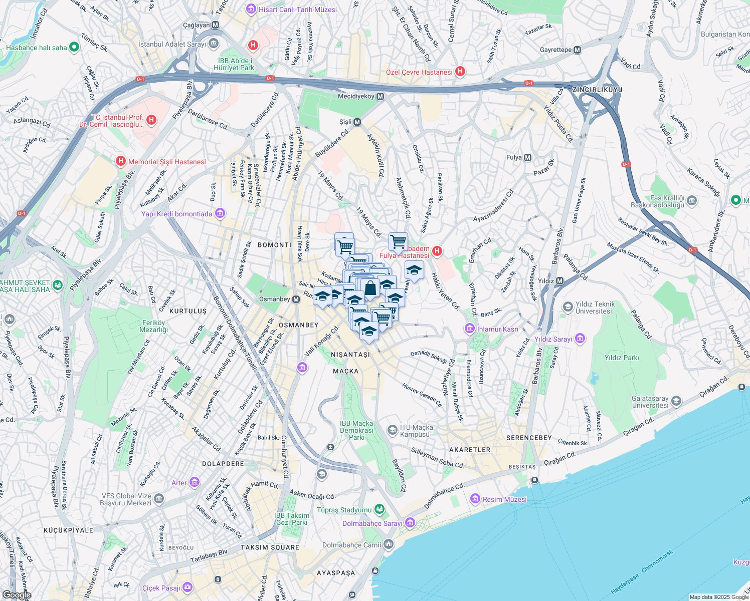 map of restaurants, bars, coffee shops, grocery stores, and more near 20 Güzelbahçe Sokak in Şişli