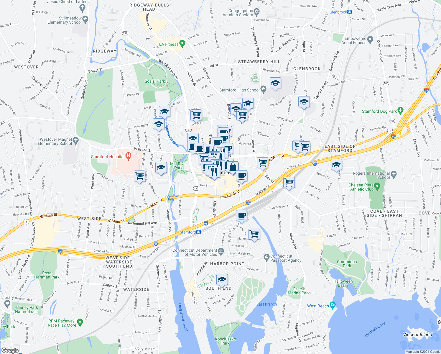 map of restaurants, bars, coffee shops, grocery stores, and more near in Stamford
