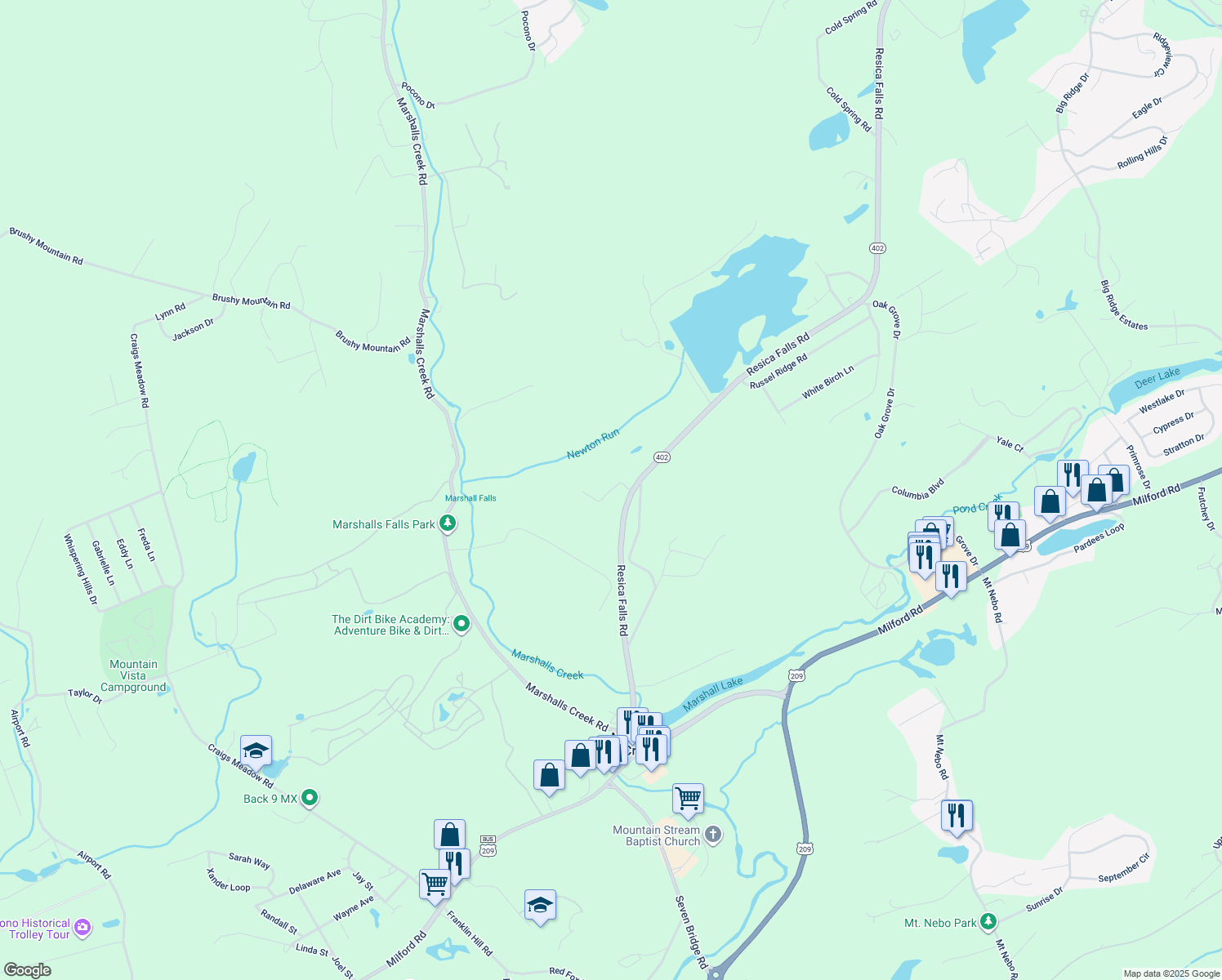 map of restaurants, bars, coffee shops, grocery stores, and more near 15 Newton Run Drive in East Stroudsburg