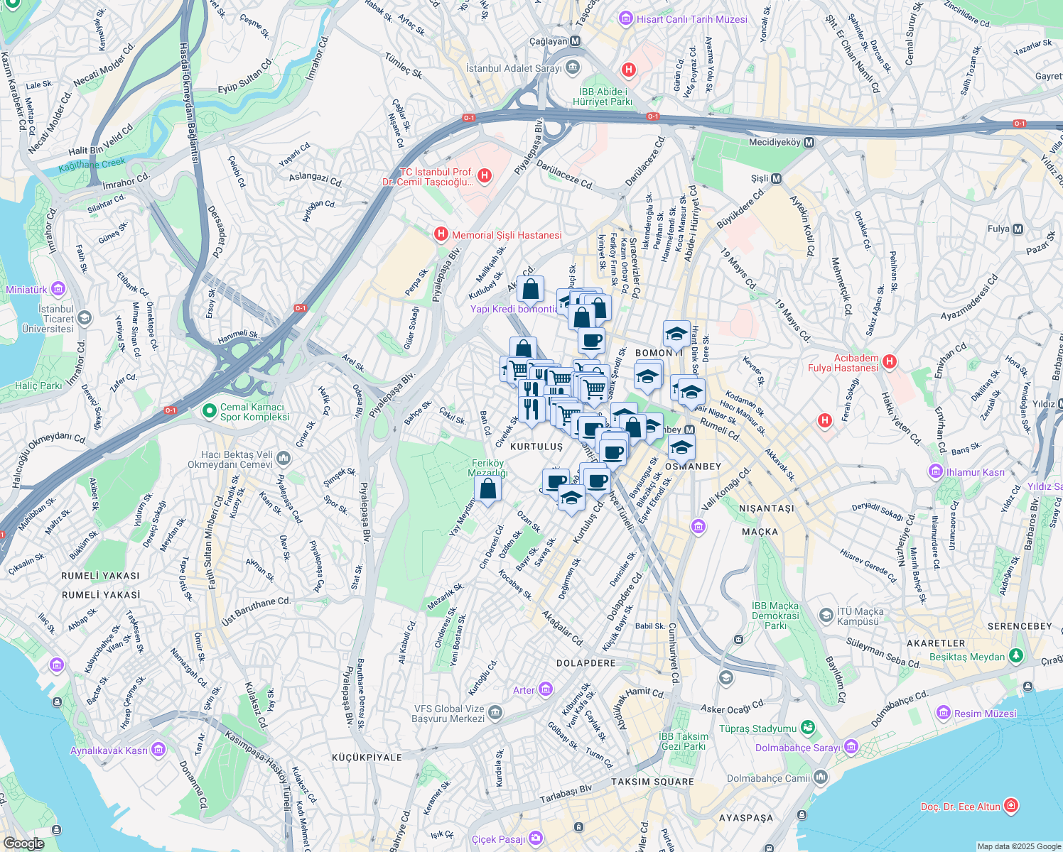 map of restaurants, bars, coffee shops, grocery stores, and more near Ortanca Sokağı in Şişli