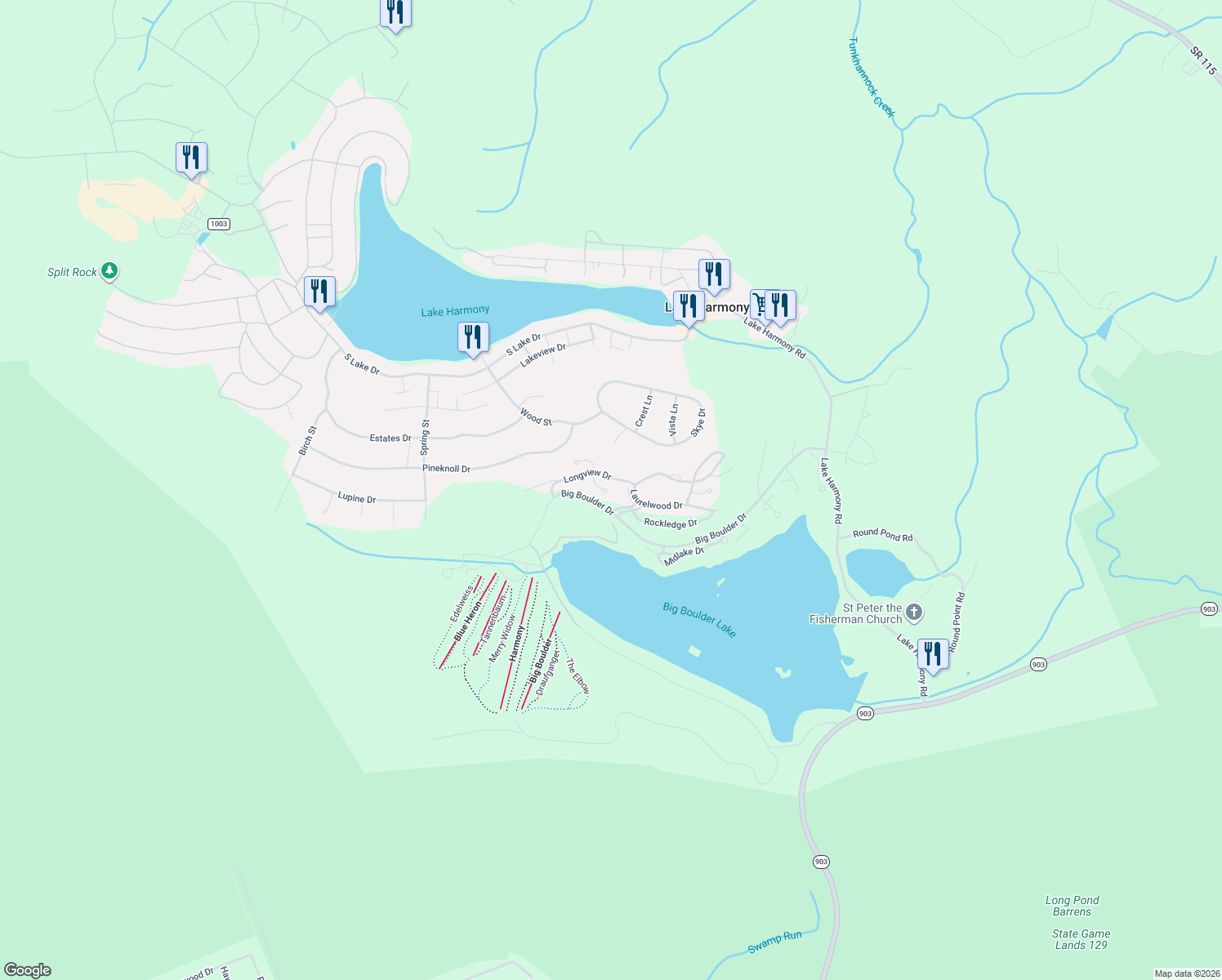 map of restaurants, bars, coffee shops, grocery stores, and more near 12 Beachwood Court in Lake Harmony
