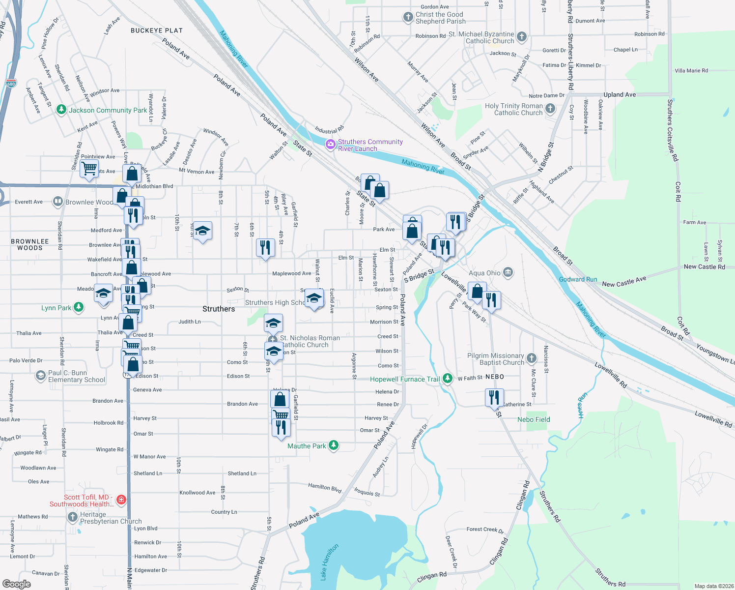 map of restaurants, bars, coffee shops, grocery stores, and more near 84 Sexton Street in Struthers