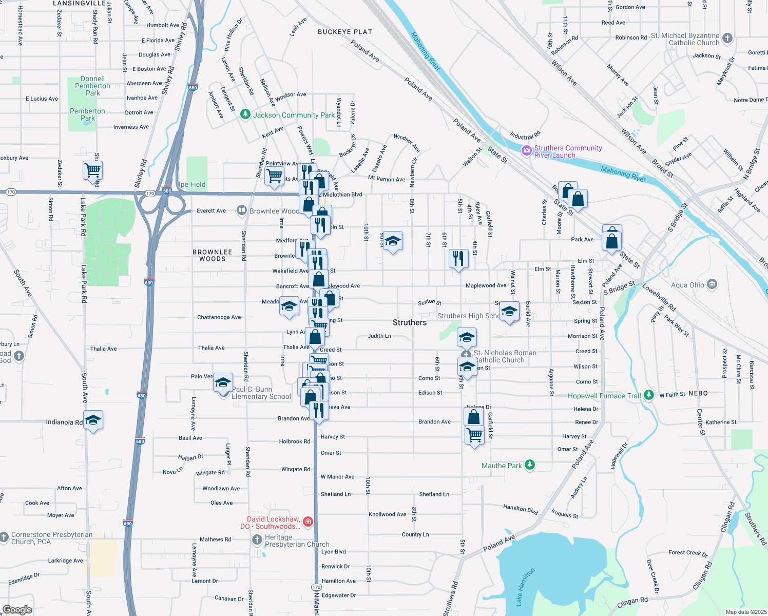 map of restaurants, bars, coffee shops, grocery stores, and more near 496 Sexton Street in Struthers